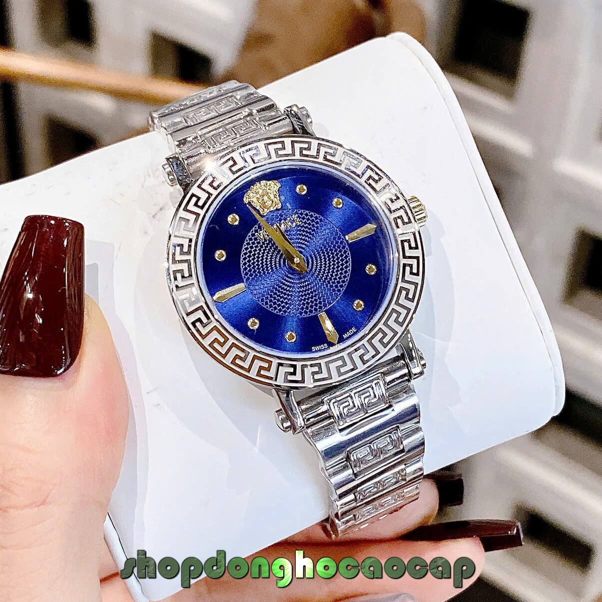 Đồng Hồ Nữ Versace Greca Dây Bạc Mặt Xanh Coban Size 35mm - Quartz
