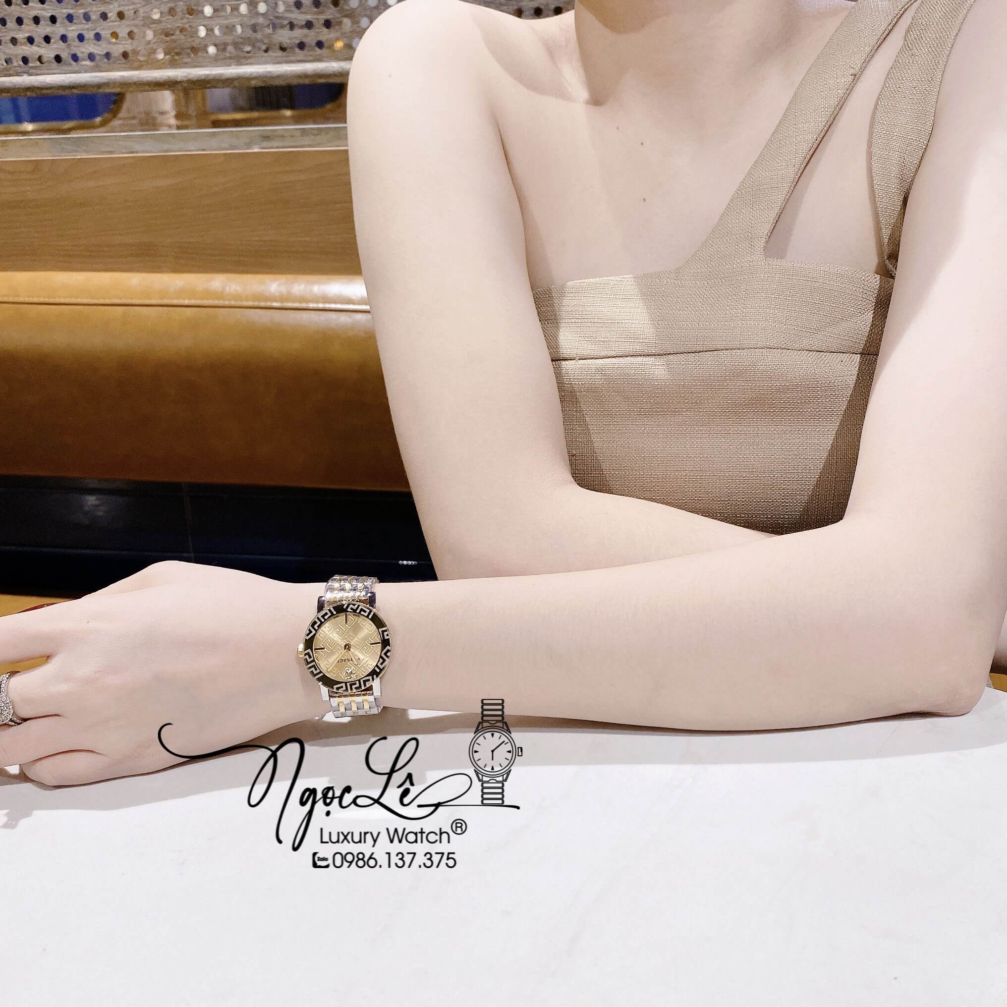 Đồng Hồ Nữ Versace Greca Glass Dây Kim Loại Demi Vàng Mặt Vàng Size 32mm