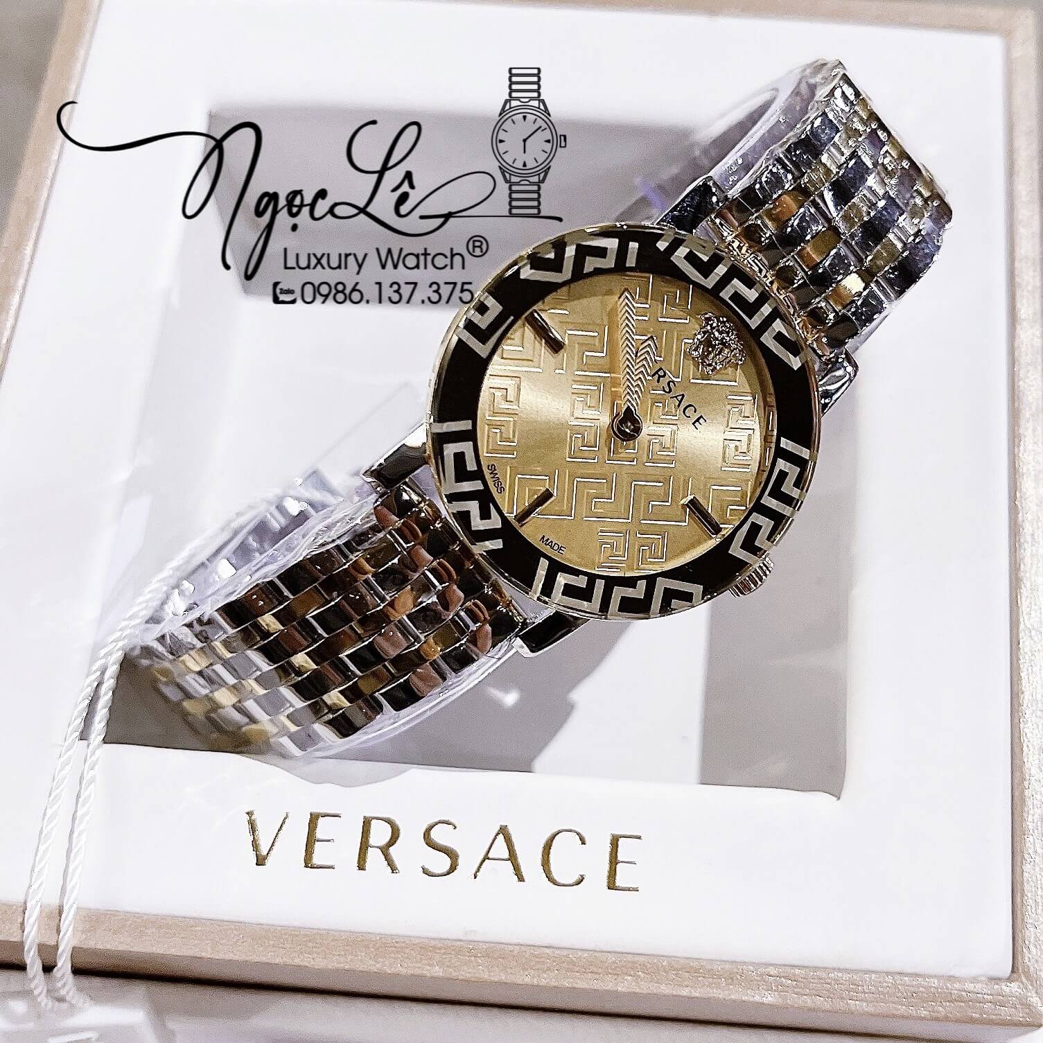 Đồng Hồ Nữ Versace Greca Glass Dây Kim Loại Demi Vàng Mặt Vàng Size 32mm