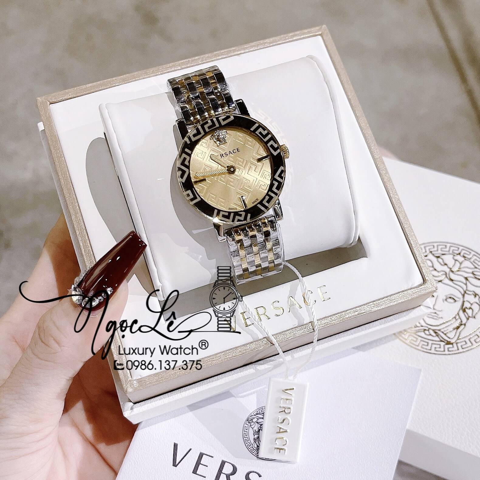 Đồng Hồ Nữ Versace Greca Glass Dây Kim Loại Demi Vàng Mặt Vàng Size 32mm