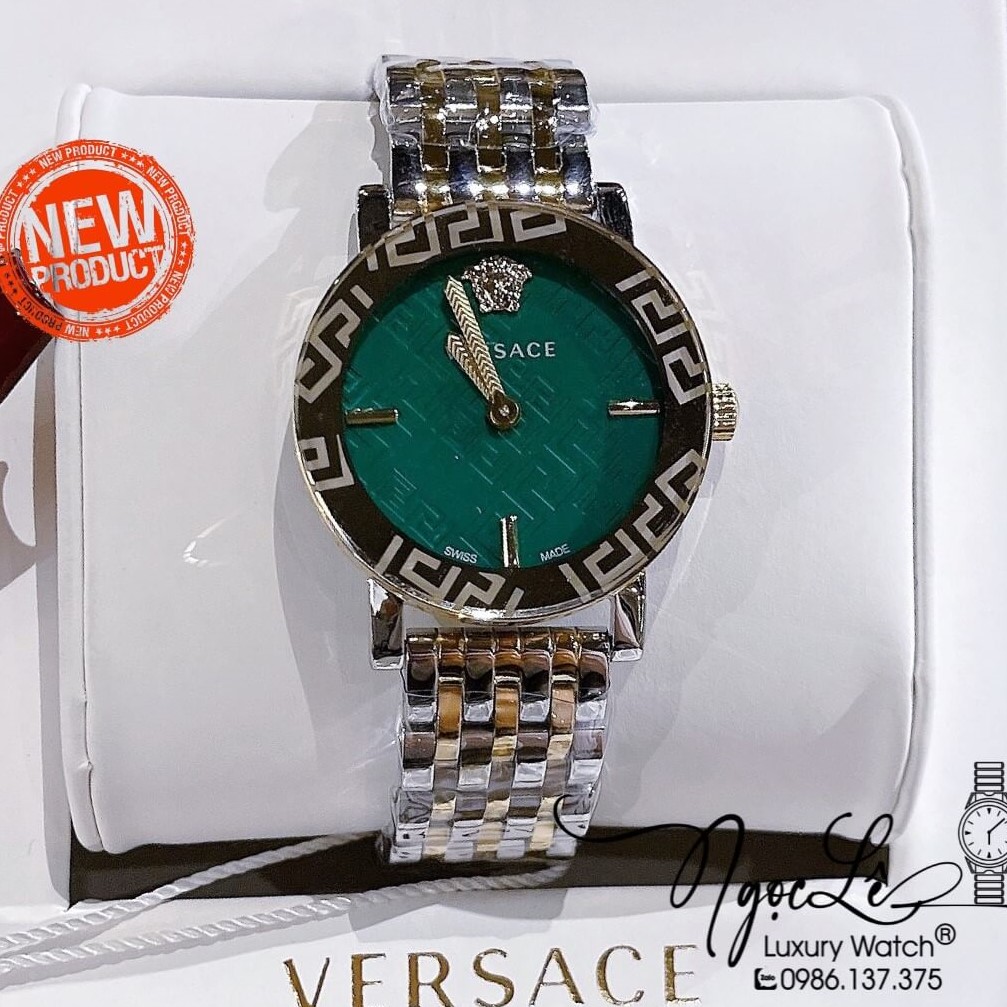 Đồng Hồ Nữ Versace Greca Glass Dây Kim Loại Demi Vàng Mặt Xanh Size 32mm