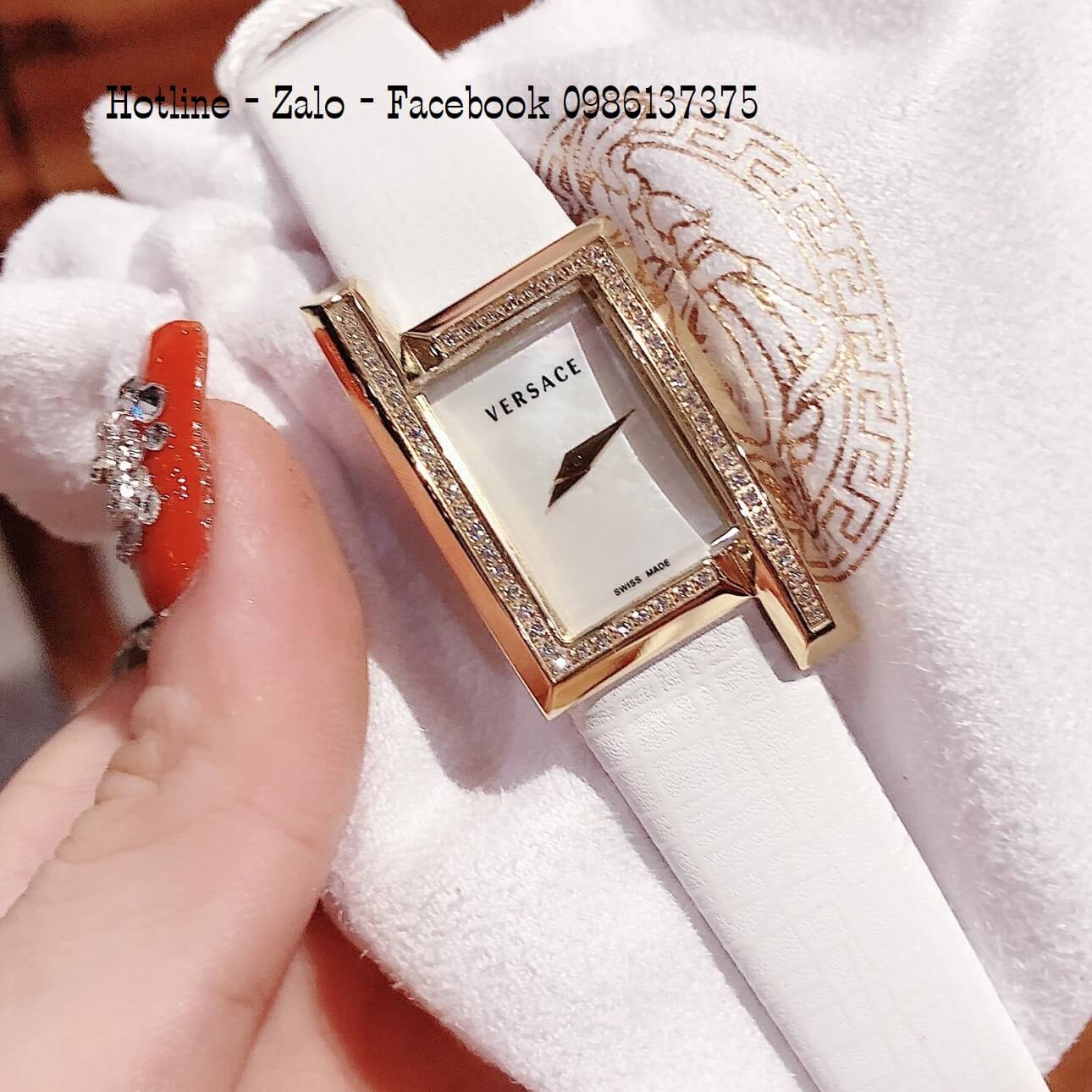 Đồng Hồ Nữ Versace Greca Icon Dây Da Trắng Đính Đá 39x21mm