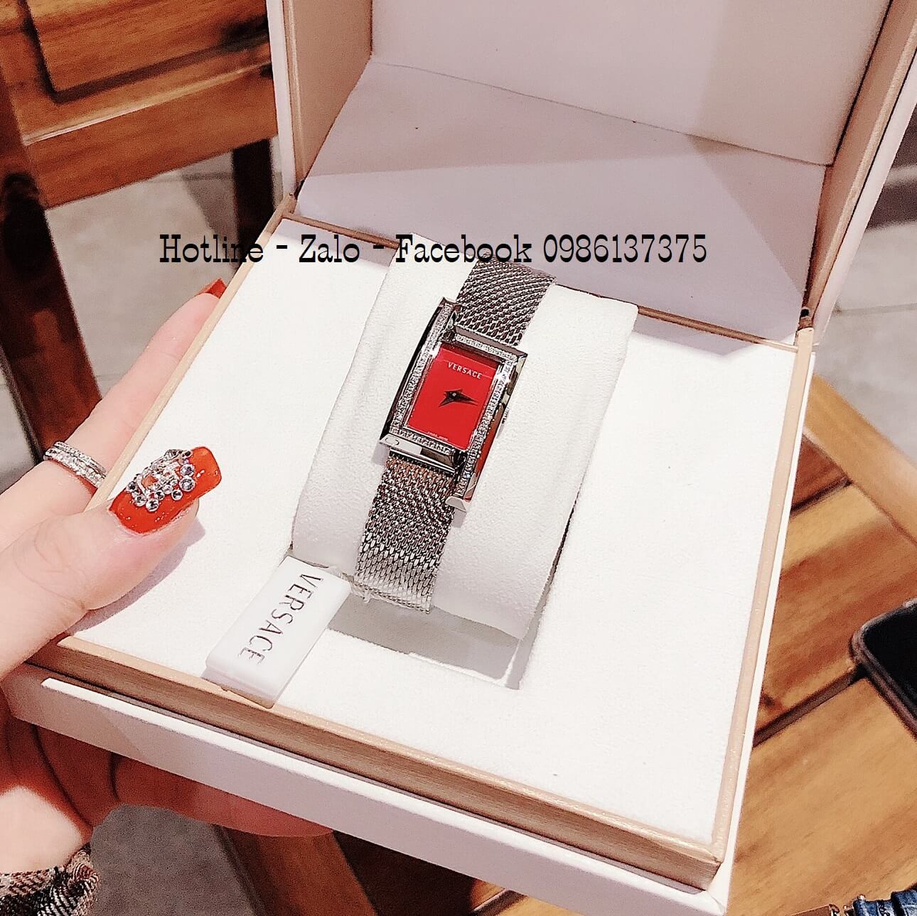 Đồng Hồ Nữ Versace Greca Icon Đính Đá Bạc Mặt Đỏ 39x21mm