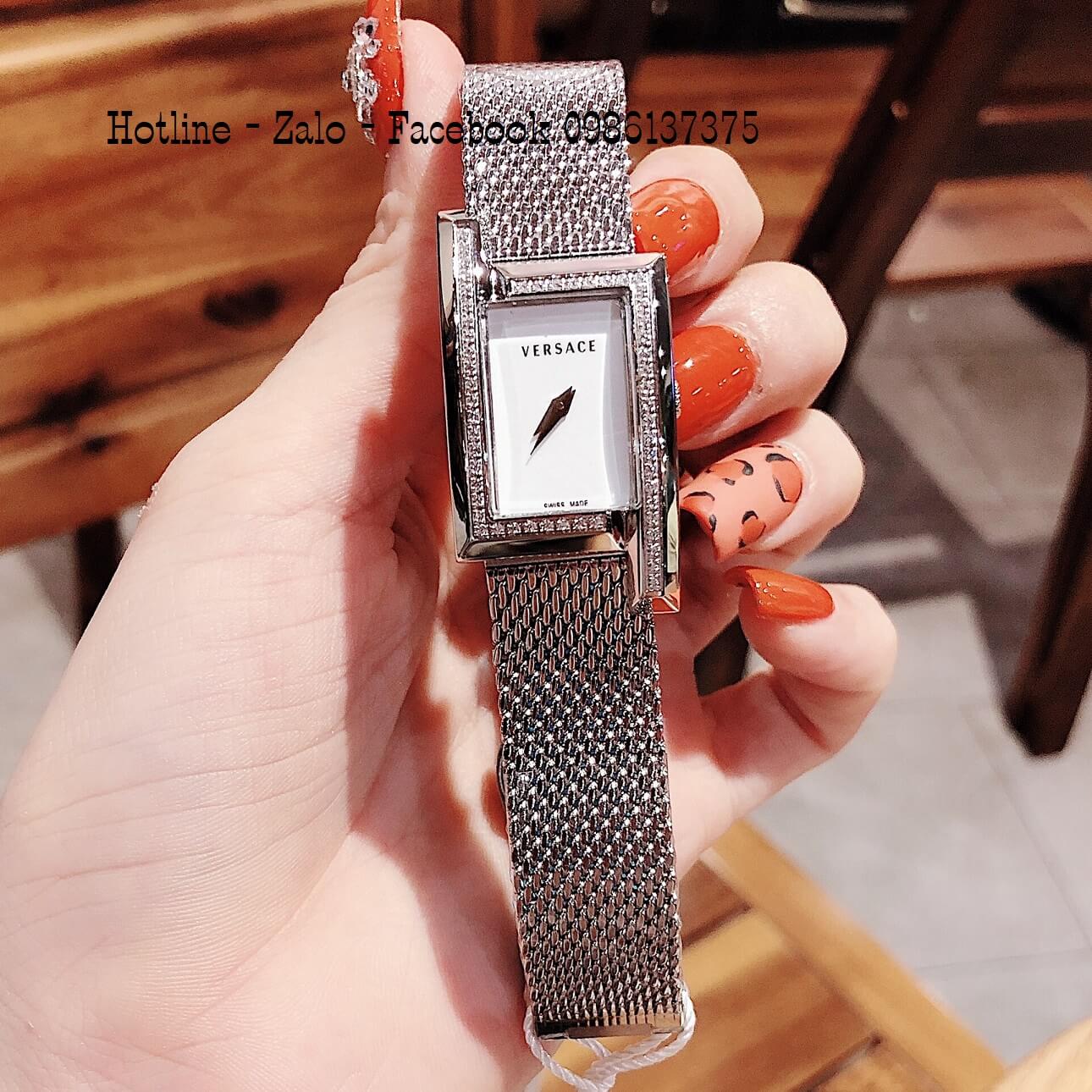 Đồng Hồ Nữ Versace Greca Icon Đính Đá Bạc Mặt Trắng 39x21mm