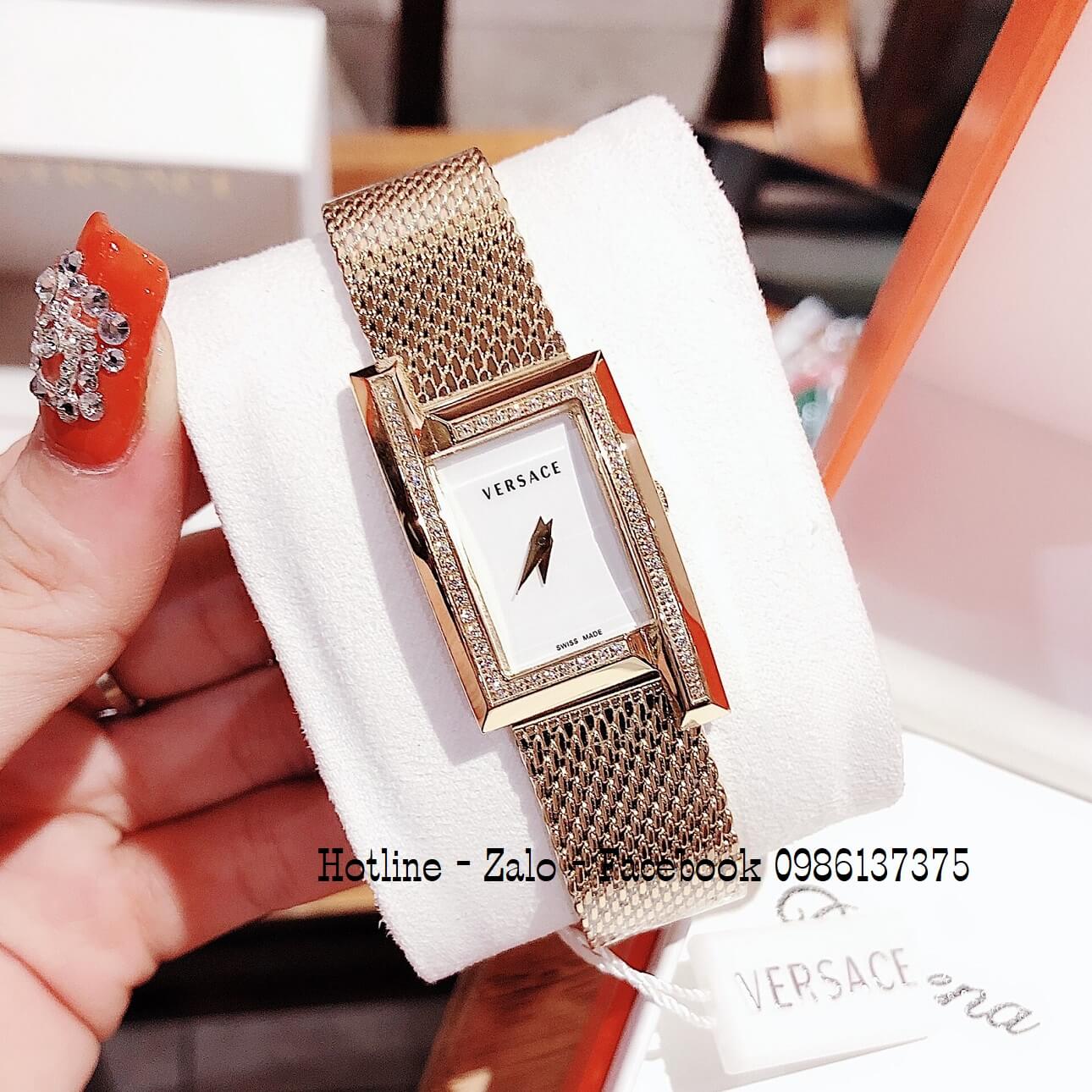 Đồng Hồ Nữ Versace Greca Icon Đính Đá Vàng Mặt Trắng 39x21mm