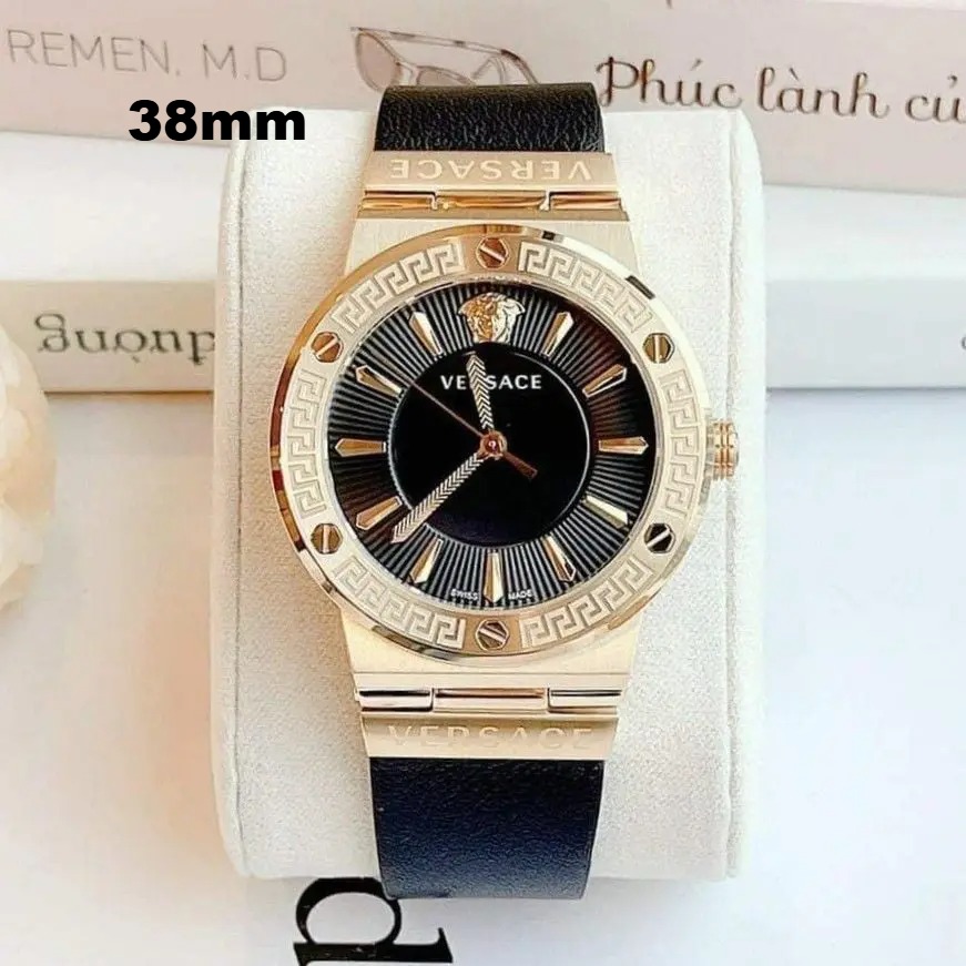 Đồng Hồ Nữ Versace Greca Logo Dây Da Đen Size 38mm - Quartz