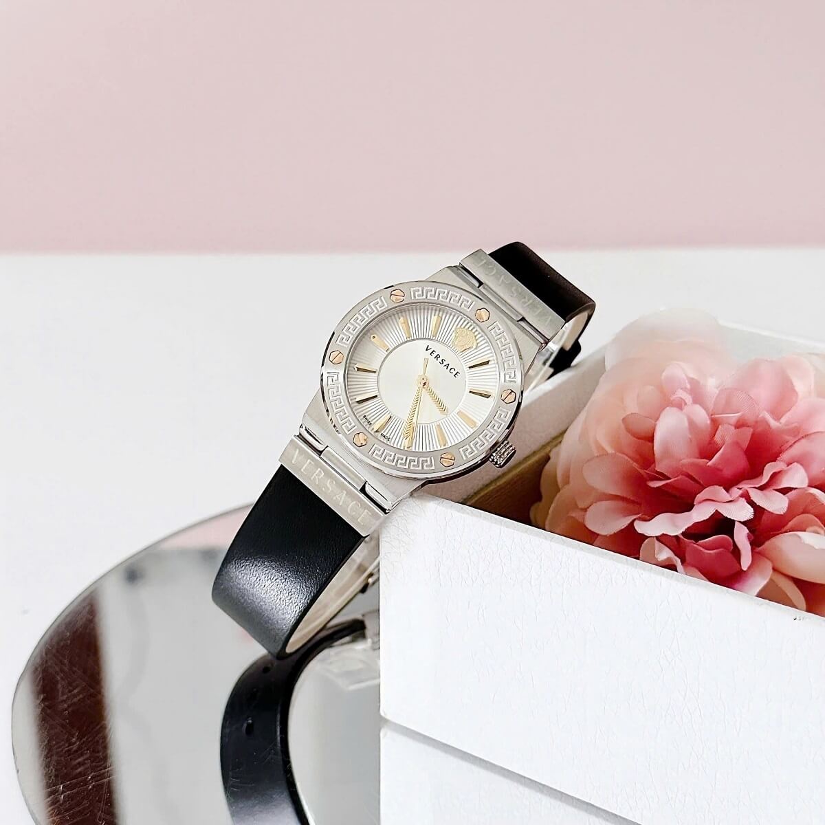 Đồng Hồ Nữ Versace Greca Logo Dây Da Đen Vỏ Silver White Size 36mm