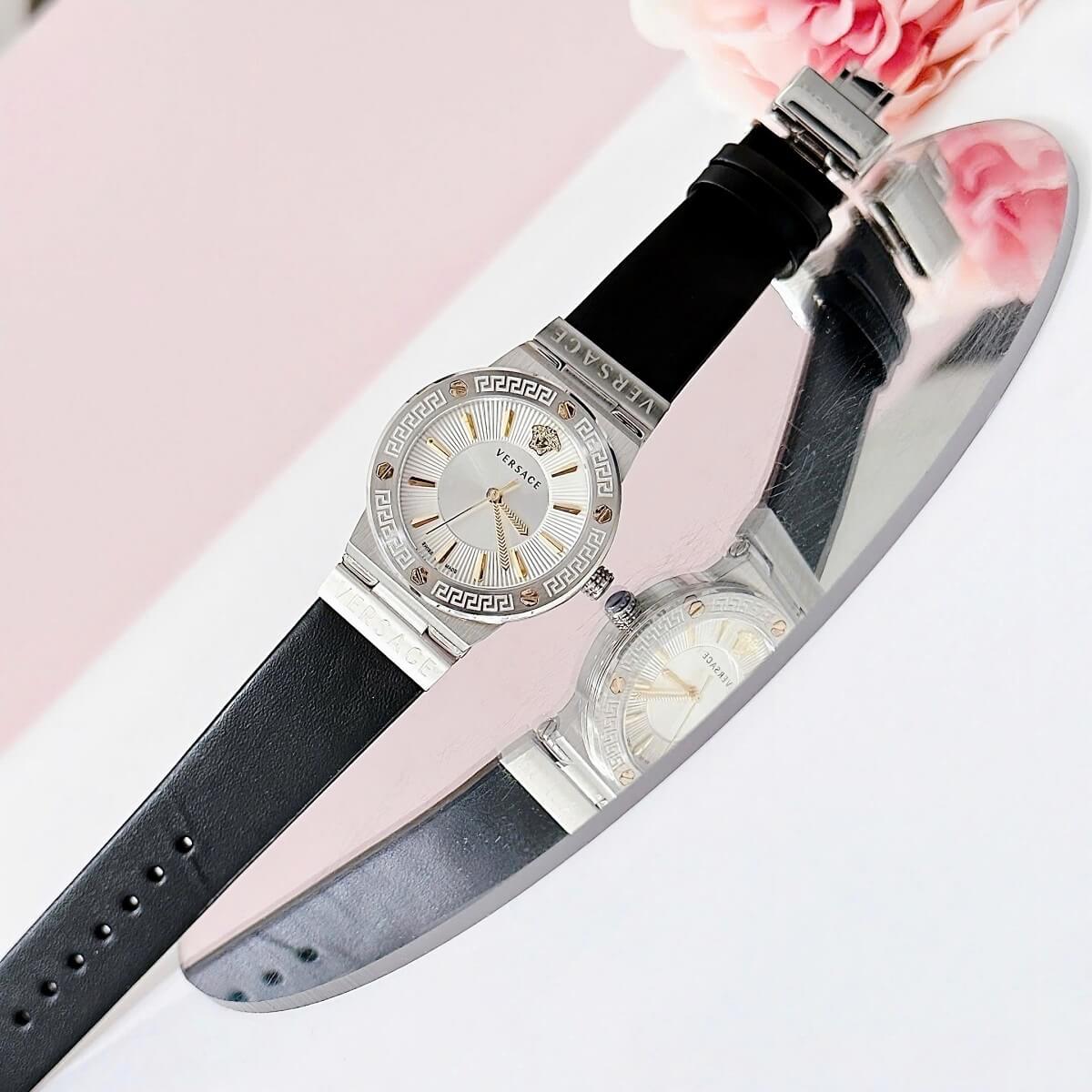Đồng Hồ Nữ Versace Greca Logo Dây Da Đen Vỏ Silver White Size 36mm