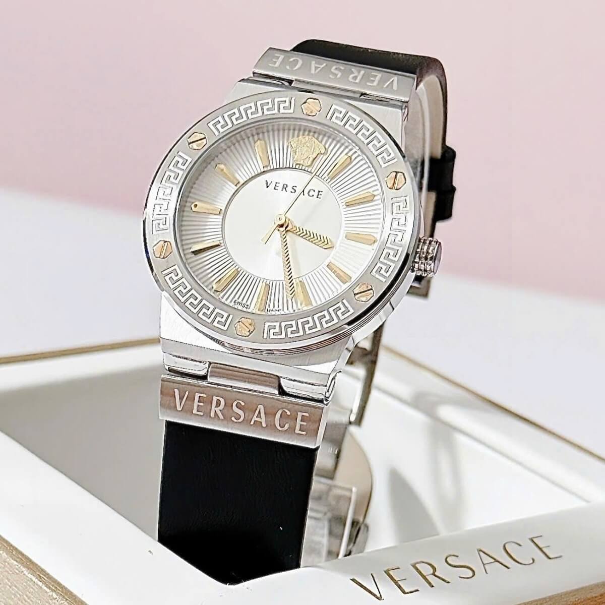 Đồng Hồ Nữ Versace Greca Logo Dây Da Đen Vỏ Silver White Size 36mm