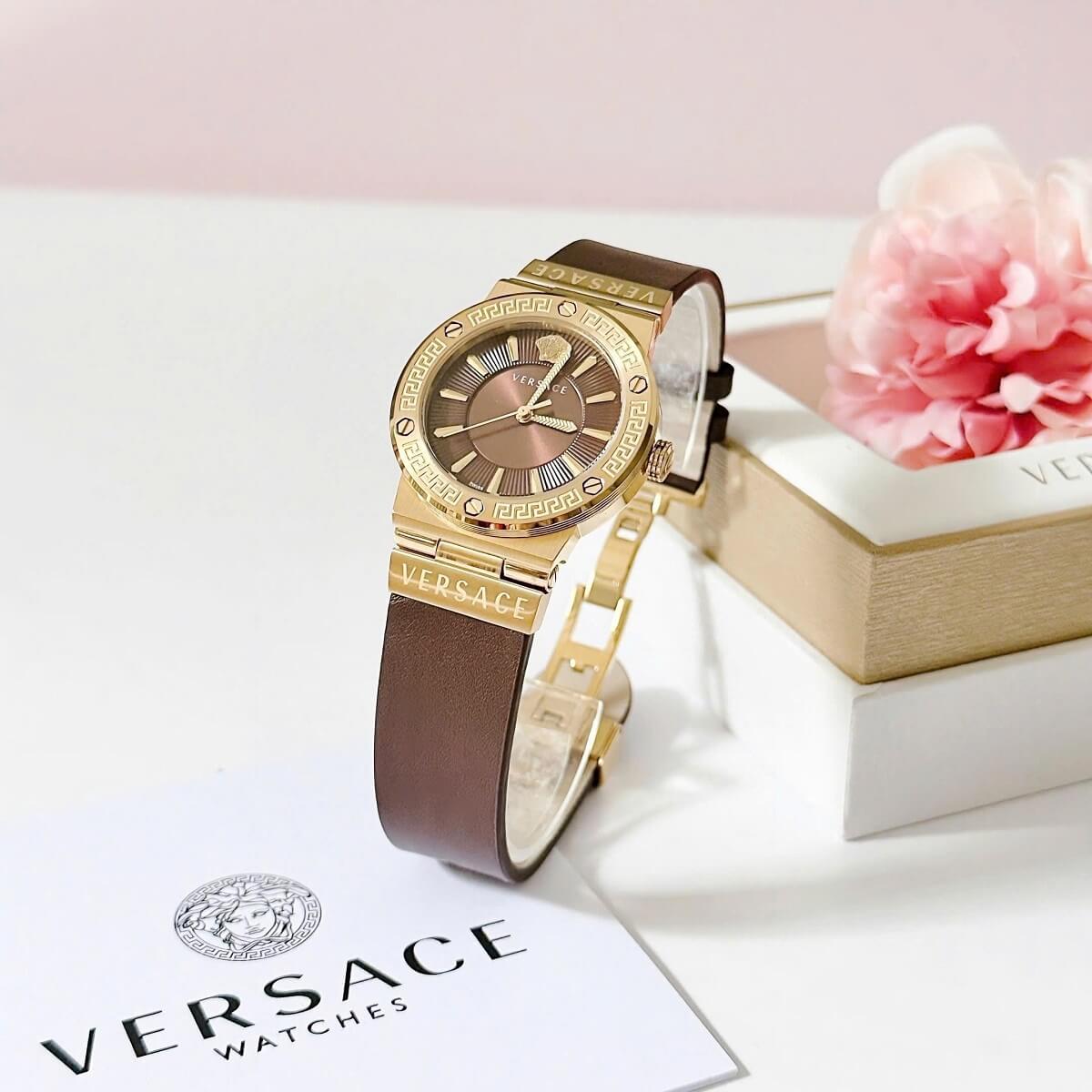Đồng Hồ Nữ Versace Greca Logo Dây Da Nâu Vỏ Gold Size 36mm