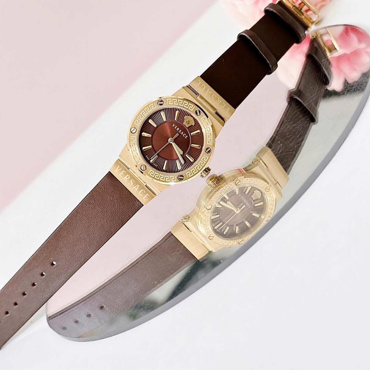 Đồng Hồ Nữ Versace Greca Logo Dây Da Nâu Vỏ Gold Size 36mm