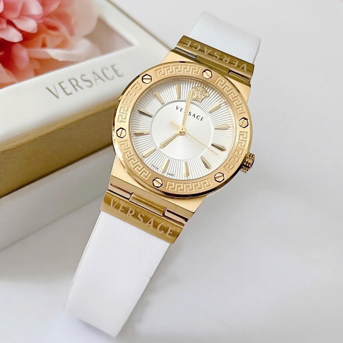 Đồng Hồ Nữ Versace Greca Logo Dây Da Trắng Vỏ Gold Size 36mm