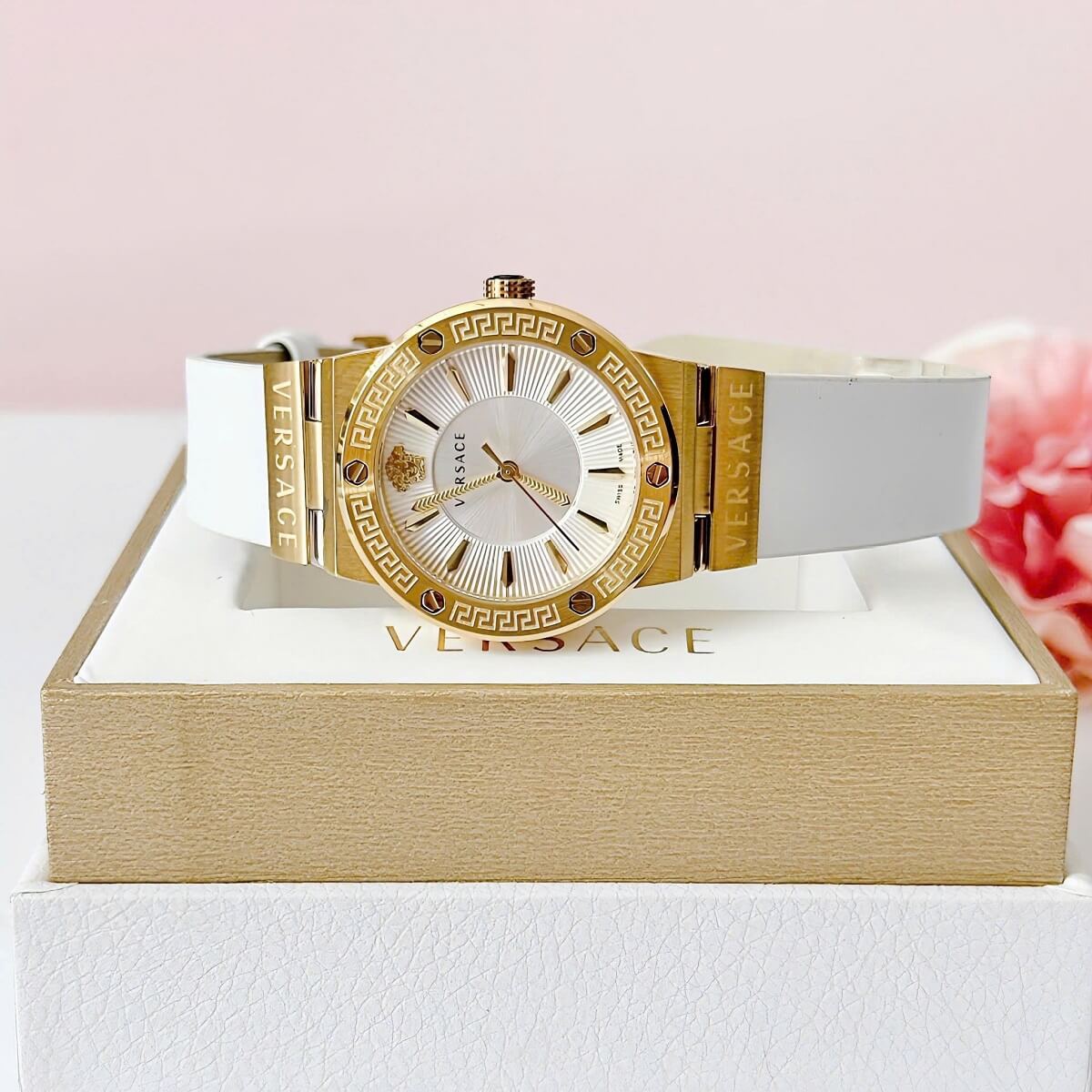 Đồng Hồ Nữ Versace Greca Logo Dây Da Trắng Vỏ Gold Size 36mm