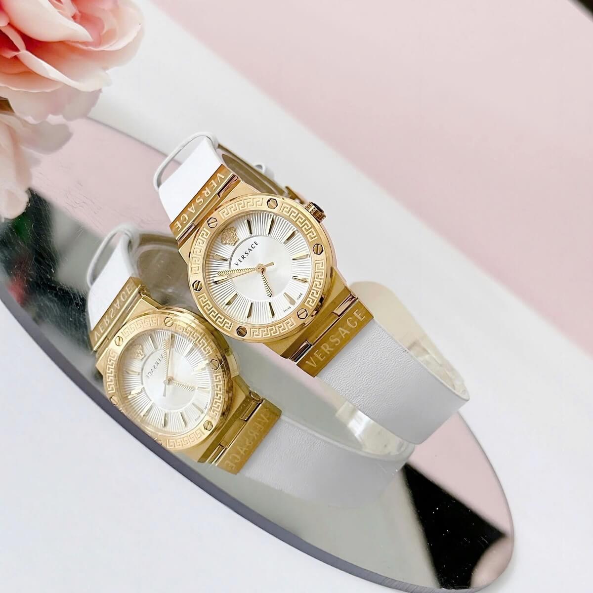 Đồng Hồ Nữ Versace Greca Logo Dây Da Trắng Vỏ Gold Size 36mm