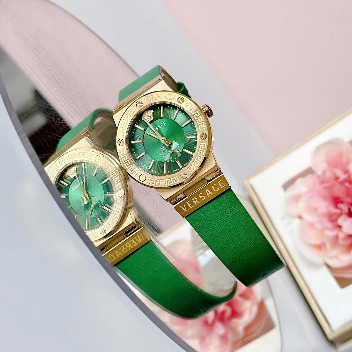 Đồng Hồ Nữ Versace Greca Logo Dây Da Xanh Lá Vỏ Gold Size 36mm