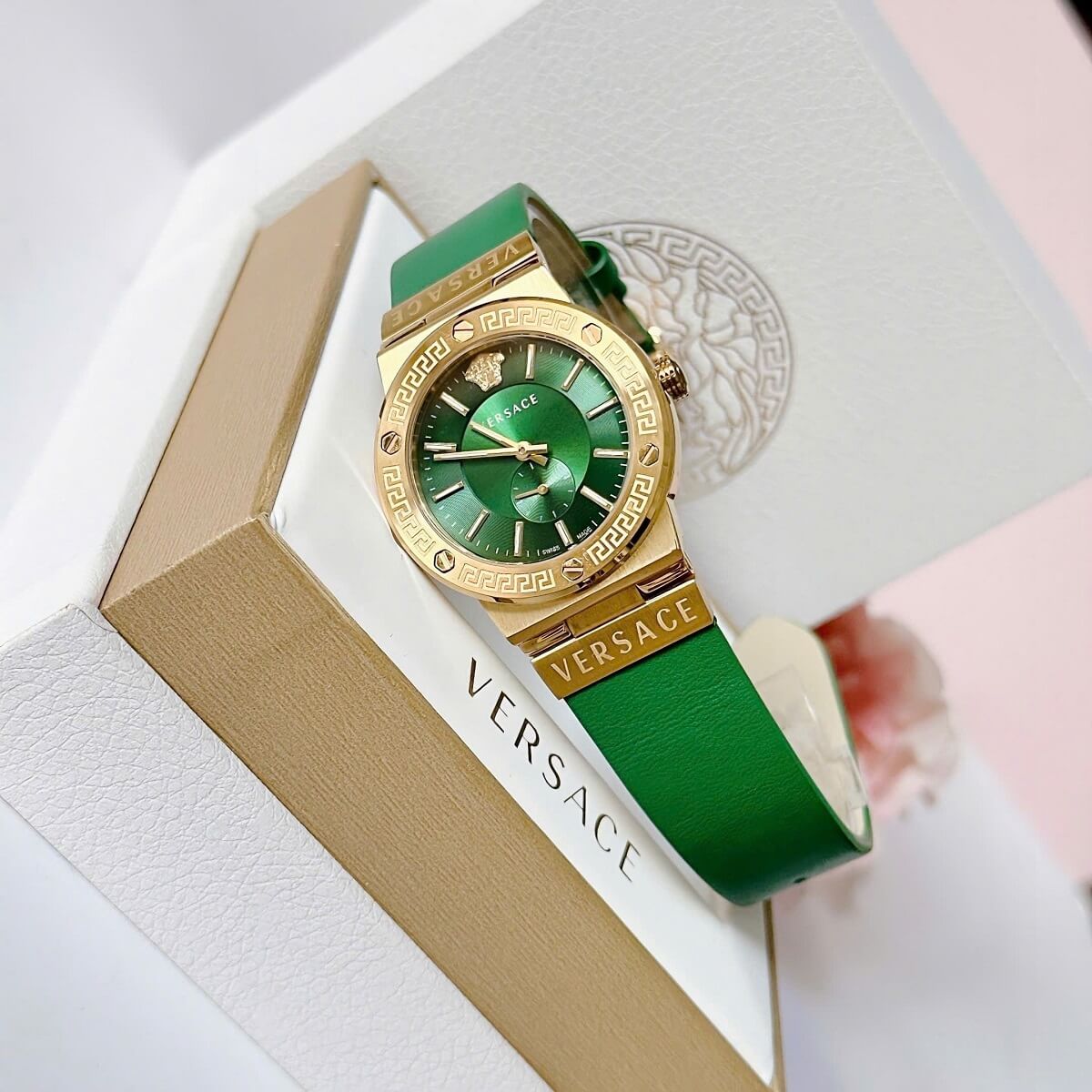 Đồng Hồ Nữ Versace Greca Logo Dây Da Xanh Lá Vỏ Gold Size 36mm