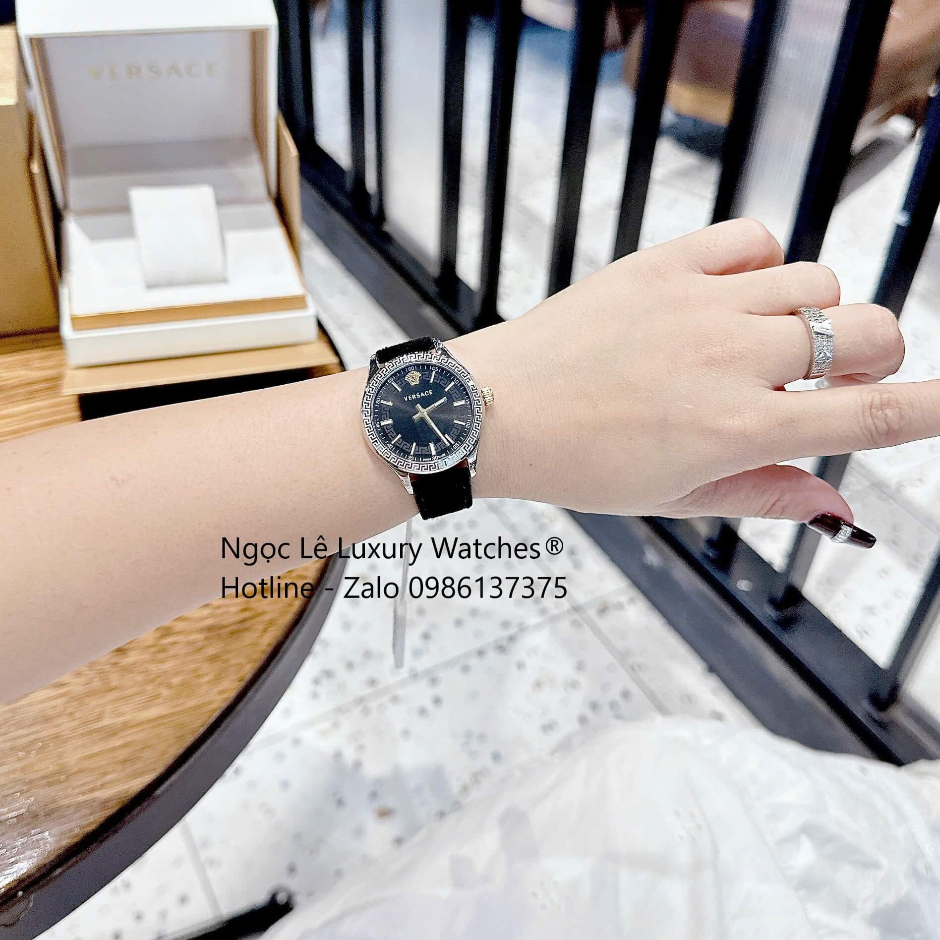 Đồng Hồ Nữ Versace Hellenyium Dây Da Đen Vỏ Bạc Size 35mm Máy Thụy Sĩ