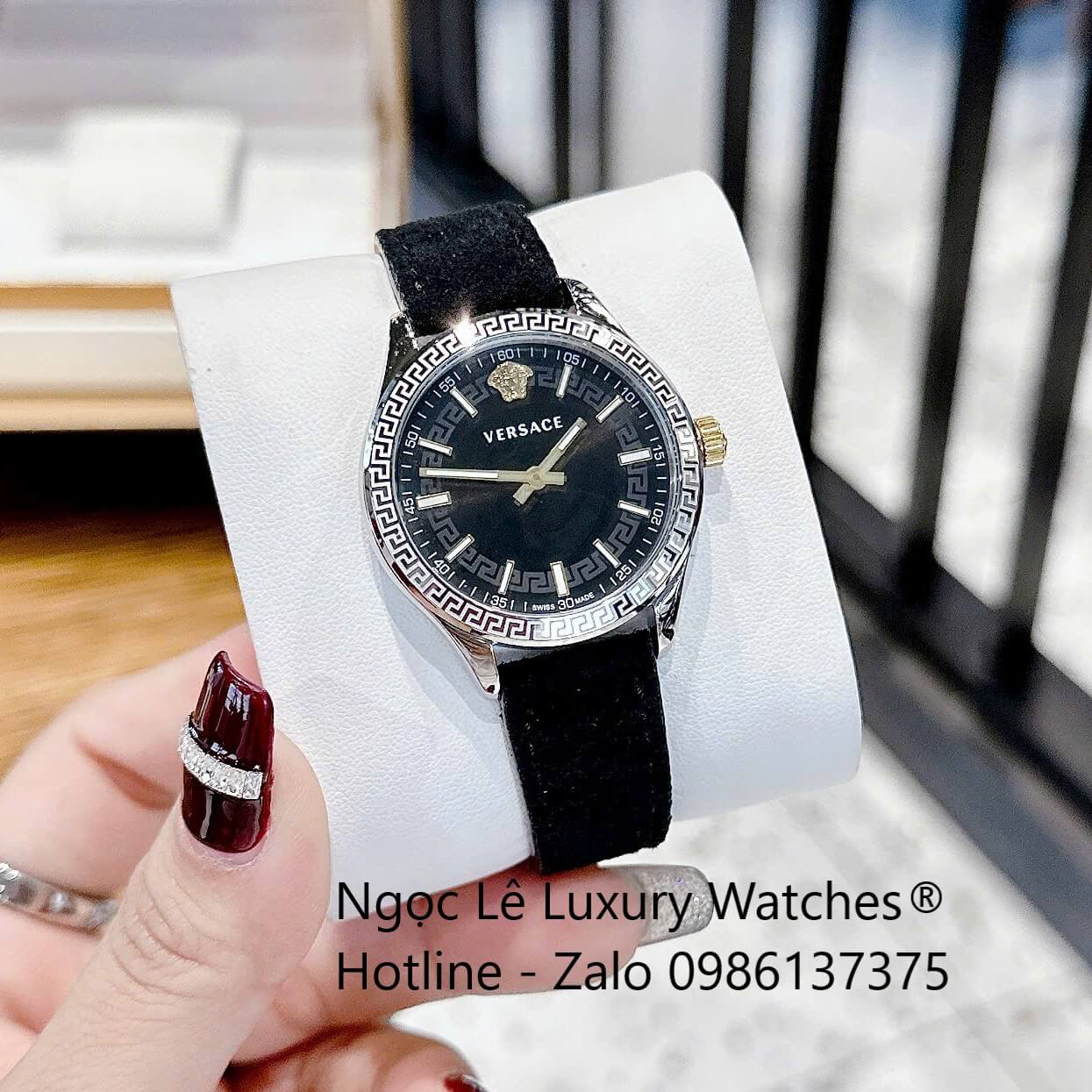 Đồng Hồ Nữ Versace Hellenyium Dây Da Đen Vỏ Bạc Size 35mm Máy Thụy Sĩ