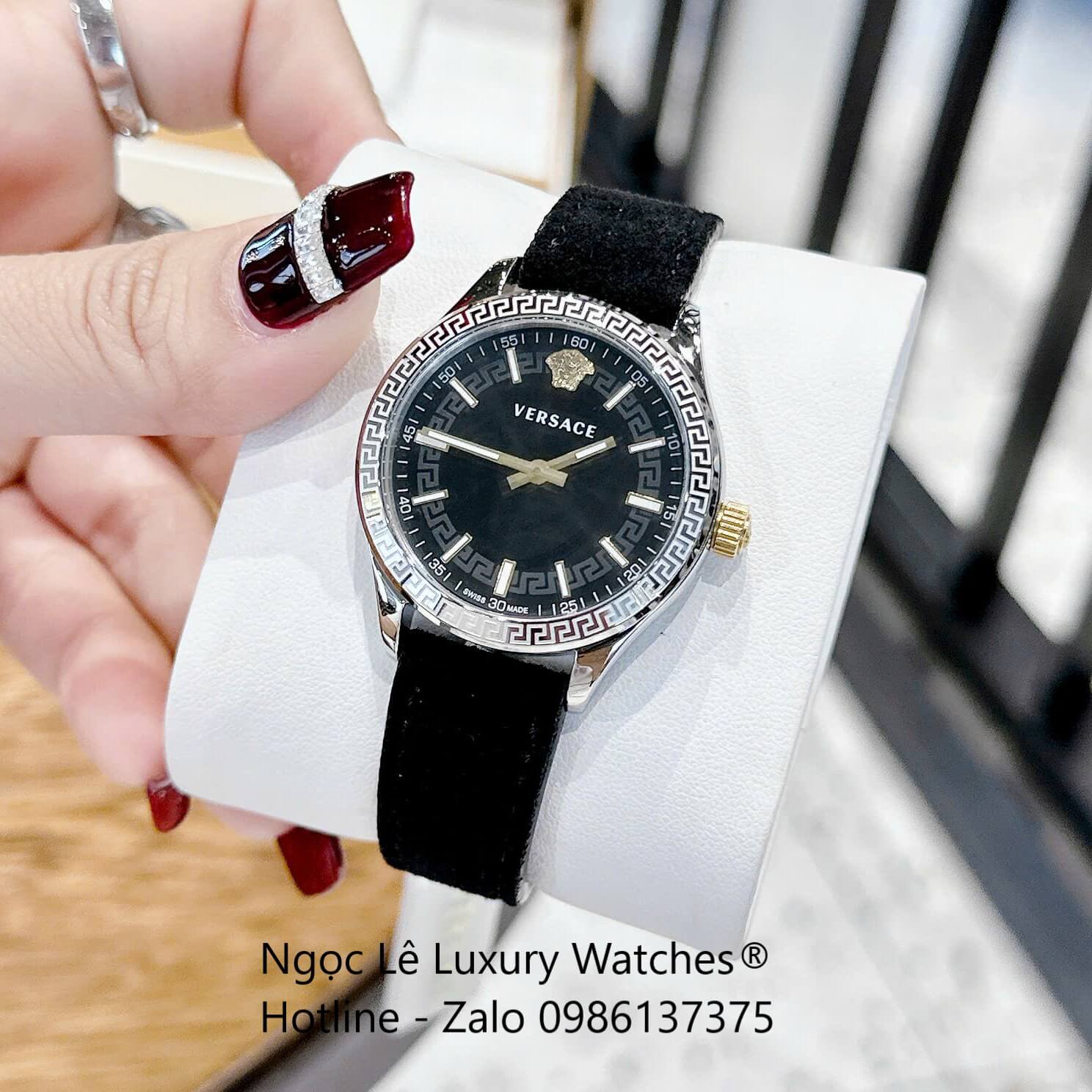 Đồng Hồ Nữ Versace Hellenyium Dây Da Đen Vỏ Bạc Size 35mm Máy Thụy Sĩ - Quartz