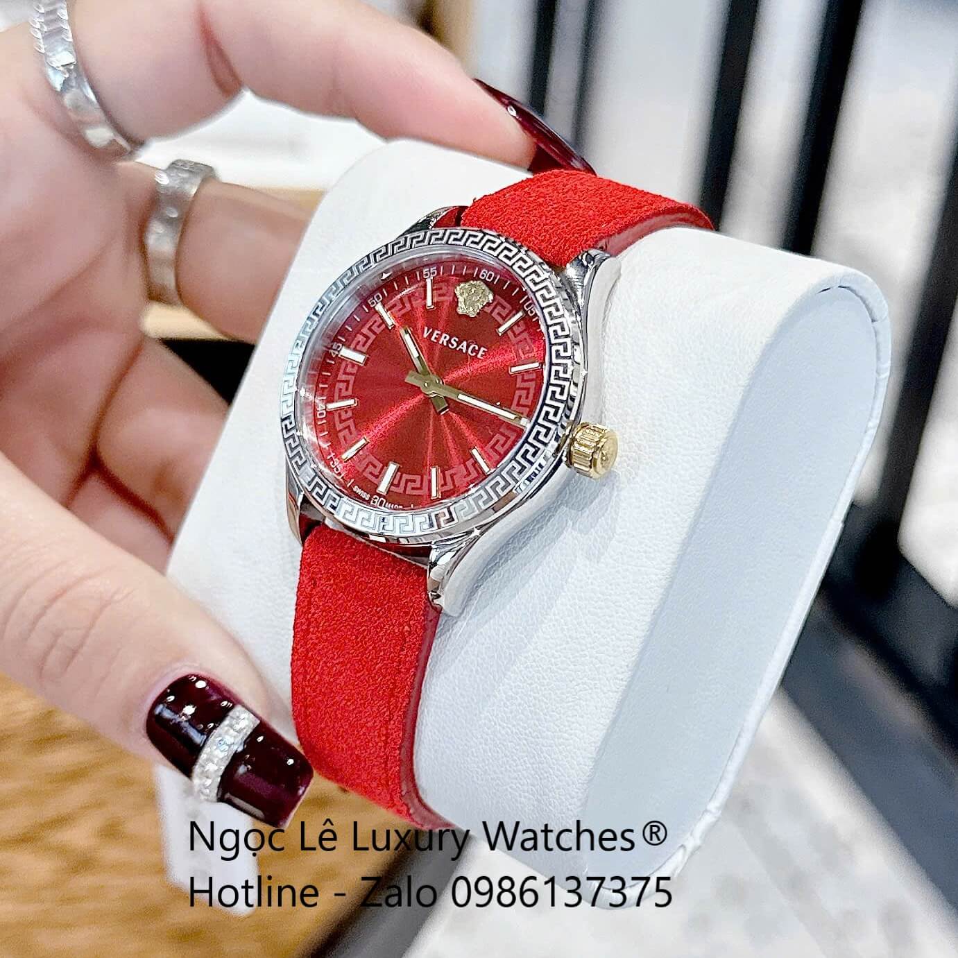 Đồng Hồ Nữ Versace Hellenyium Dây Da Đỏ Vỏ Bạc Size 35mm Máy Thụy Sĩ