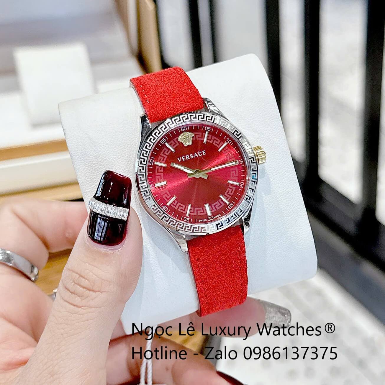 Đồng Hồ Nữ Versace Hellenyium Dây Da Đỏ Vỏ Bạc Size 35mm Máy Thụy Sĩ