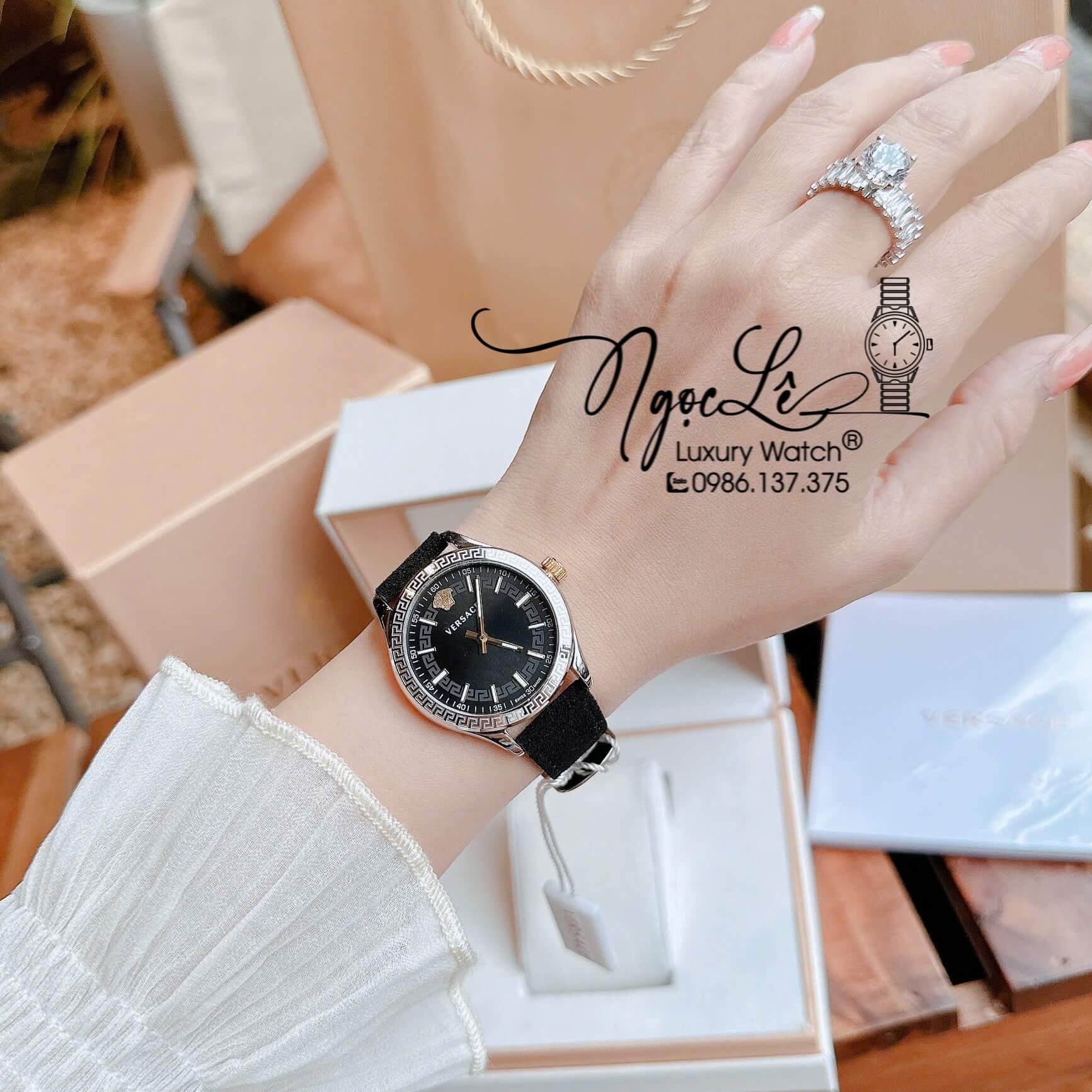 Đồng Hồ Nữ Versace Hellenyium Dây Da Lộn Màu Đen Size 36mm Máy Pin