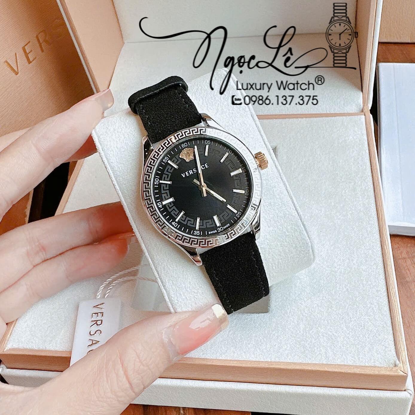 Đồng Hồ Nữ Versace Hellenyium Dây Da Lộn Màu Đen Size 36mm Máy Pin