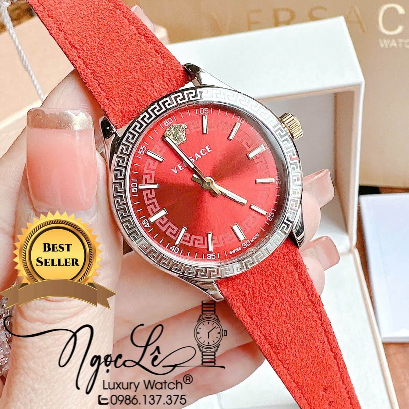 Đồng Hồ Nữ Versace Hellenyium Dây Da Lộn Màu Đỏ Size 36mm Máy Pin