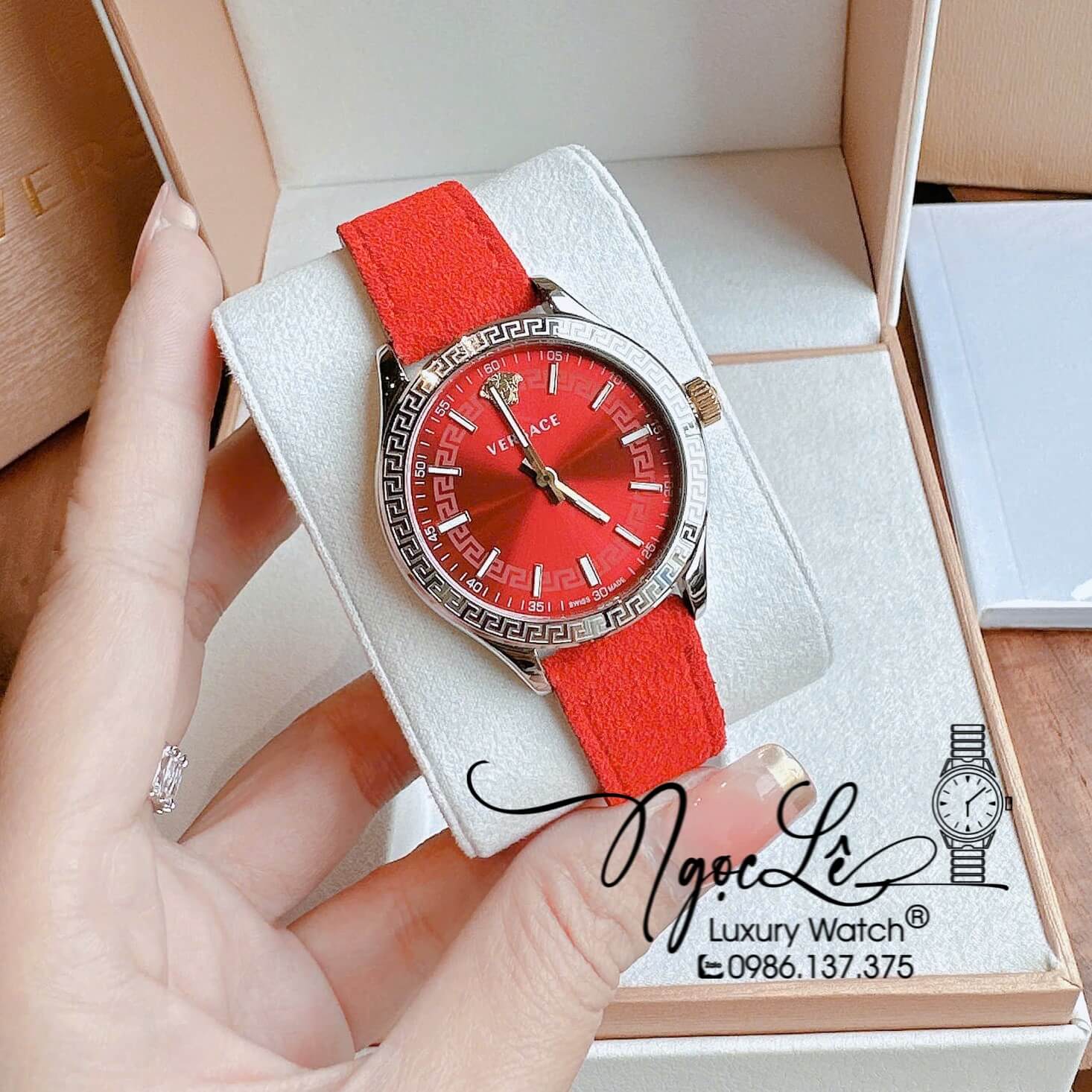 Đồng Hồ Nữ Versace Hellenyium Dây Da Lộn Màu Đỏ Size 36mm Máy Pin