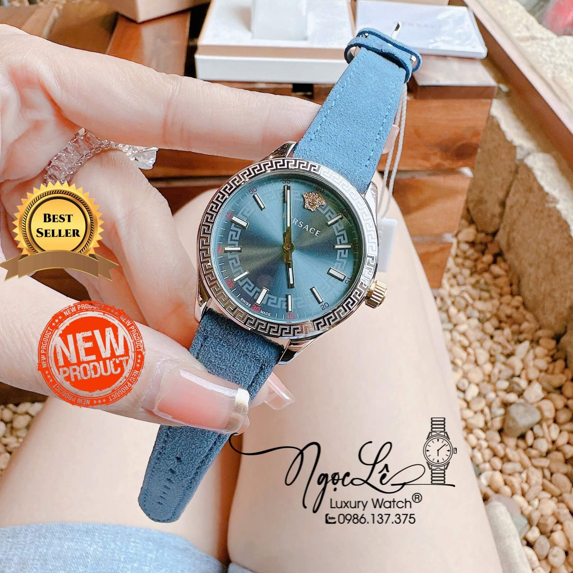 Đồng Hồ Nữ Versace Hellenyium Dây Da Lộn Màu Xanh Dương Size 36mm Máy Pin