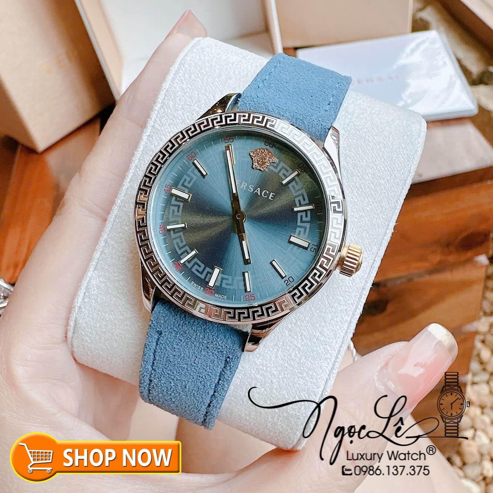 Đồng Hồ Nữ Versace Hellenyium Dây Da Lộn Màu Xanh Dương Size 36mm Máy Pin