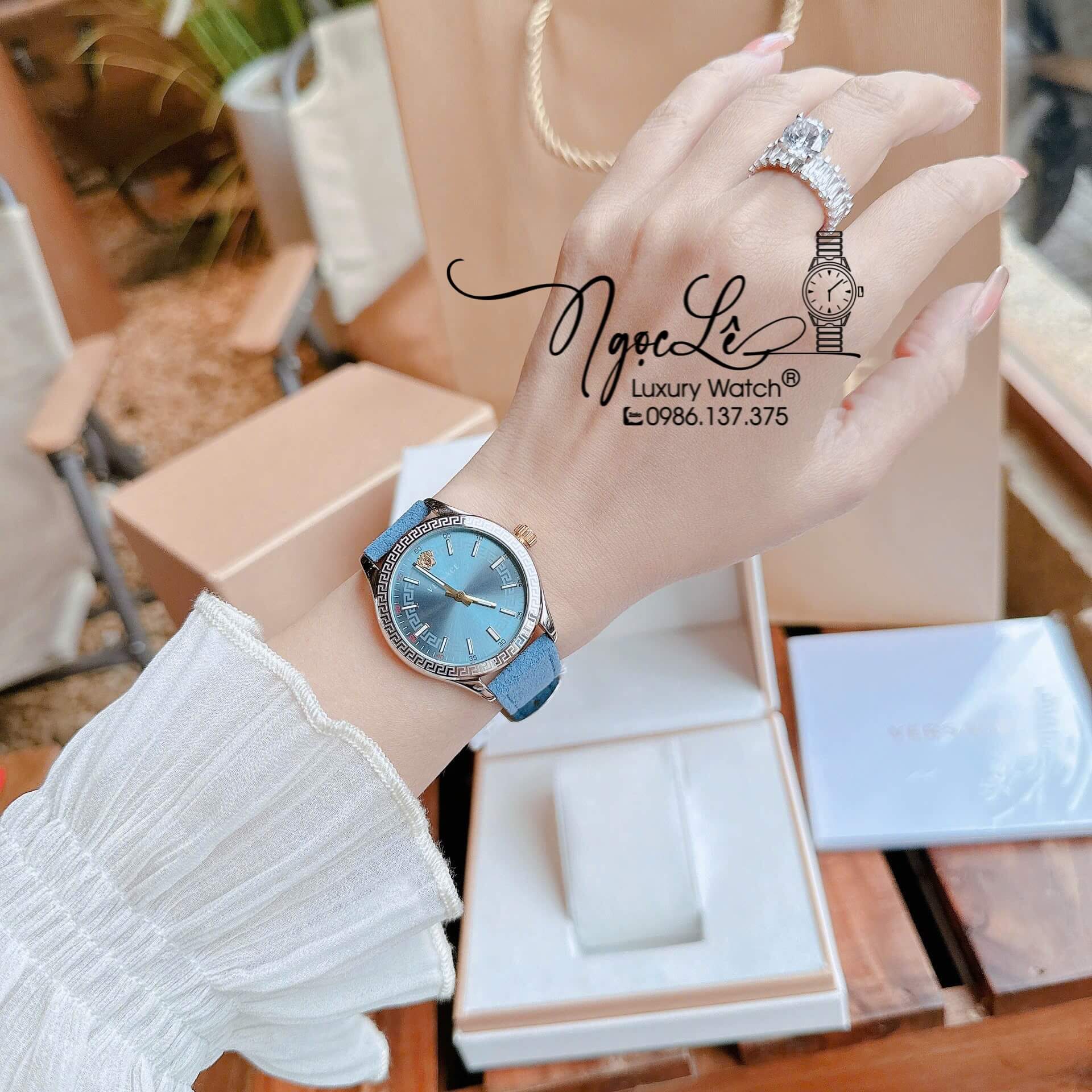 Đồng Hồ Nữ Versace Hellenyium Dây Da Lộn Màu Xanh Dương Size 36mm Máy Pin