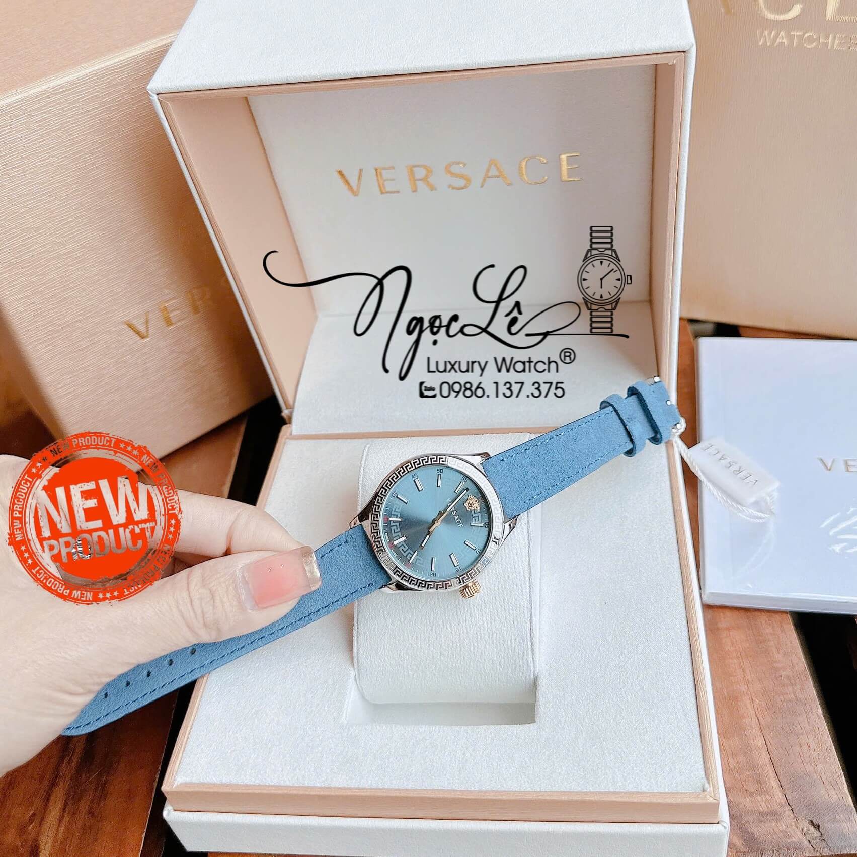 Đồng Hồ Nữ Versace Hellenyium Dây Da Lộn Màu Xanh Dương Size 36mm Máy Pin