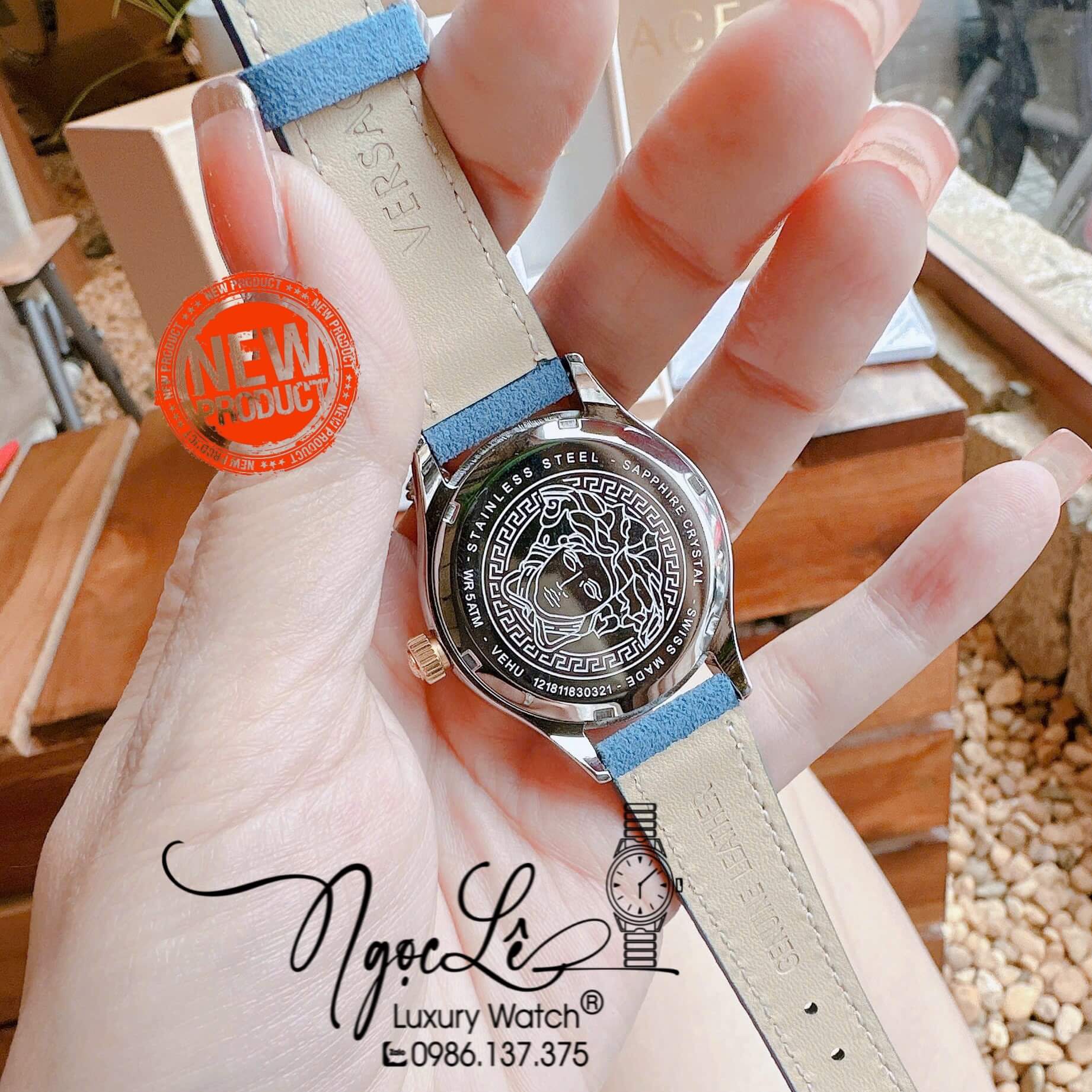 Đồng Hồ Nữ Versace Hellenyium Dây Da Lộn Màu Xanh Dương Size 36mm Máy Pin