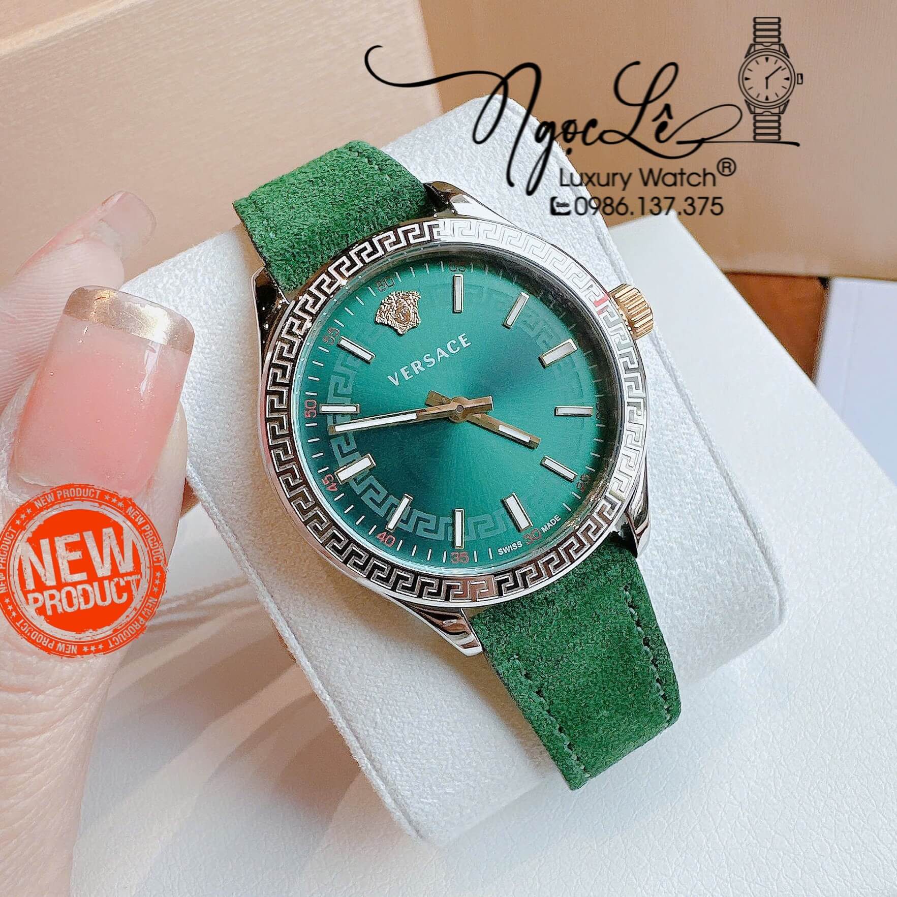 Đồng Hồ Nữ Versace Hellenyium Dây Da Lộn Màu Xanh Lá Size 36mm Máy Pin