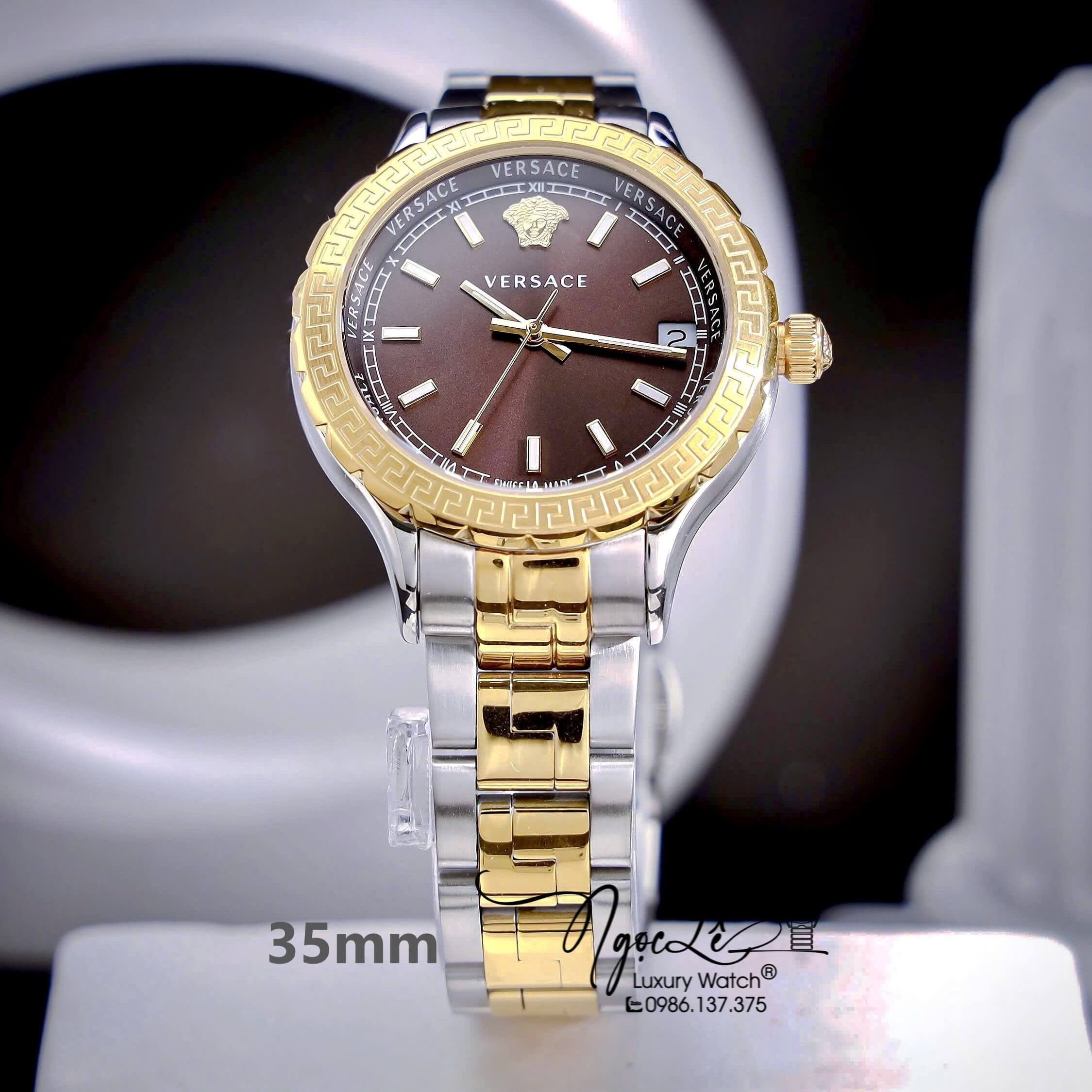 Đồng Hồ Nữ Versace Hellenyium Dây Kim Loại Demi Vàng Mặt Nâu Size 35mm
