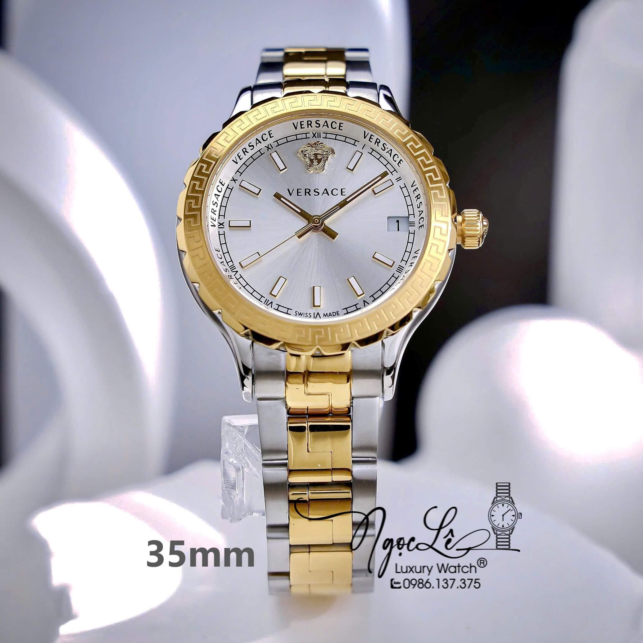Đồng Hồ Nữ Versace Hellenyium Dây Kim Loại Demi Vàng Mặt Trắng Size 35mm