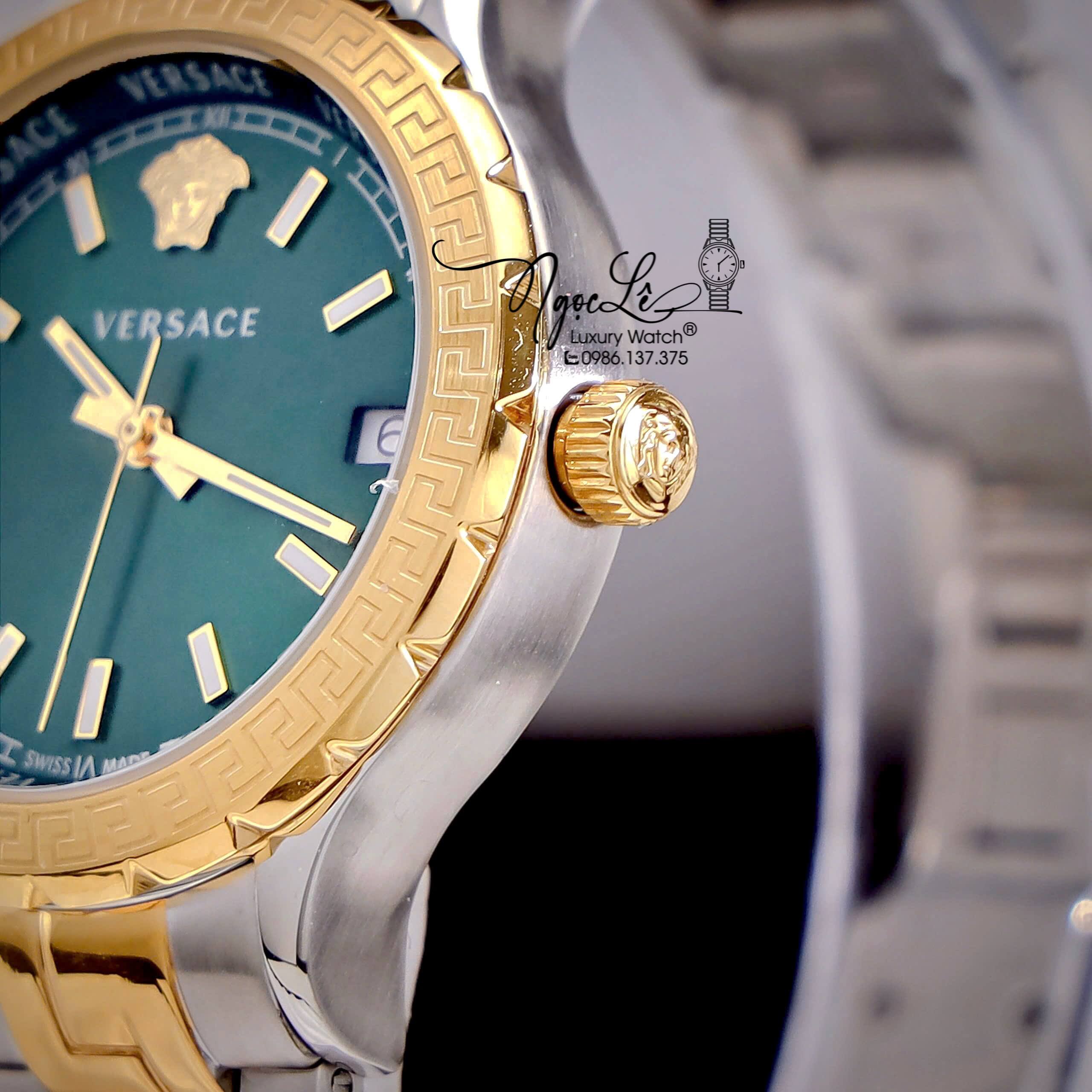 Đồng Hồ Nữ Versace Hellenyium Dây Kim Loại Demi Vàng Mặt Xanh Lá Size 35mm
