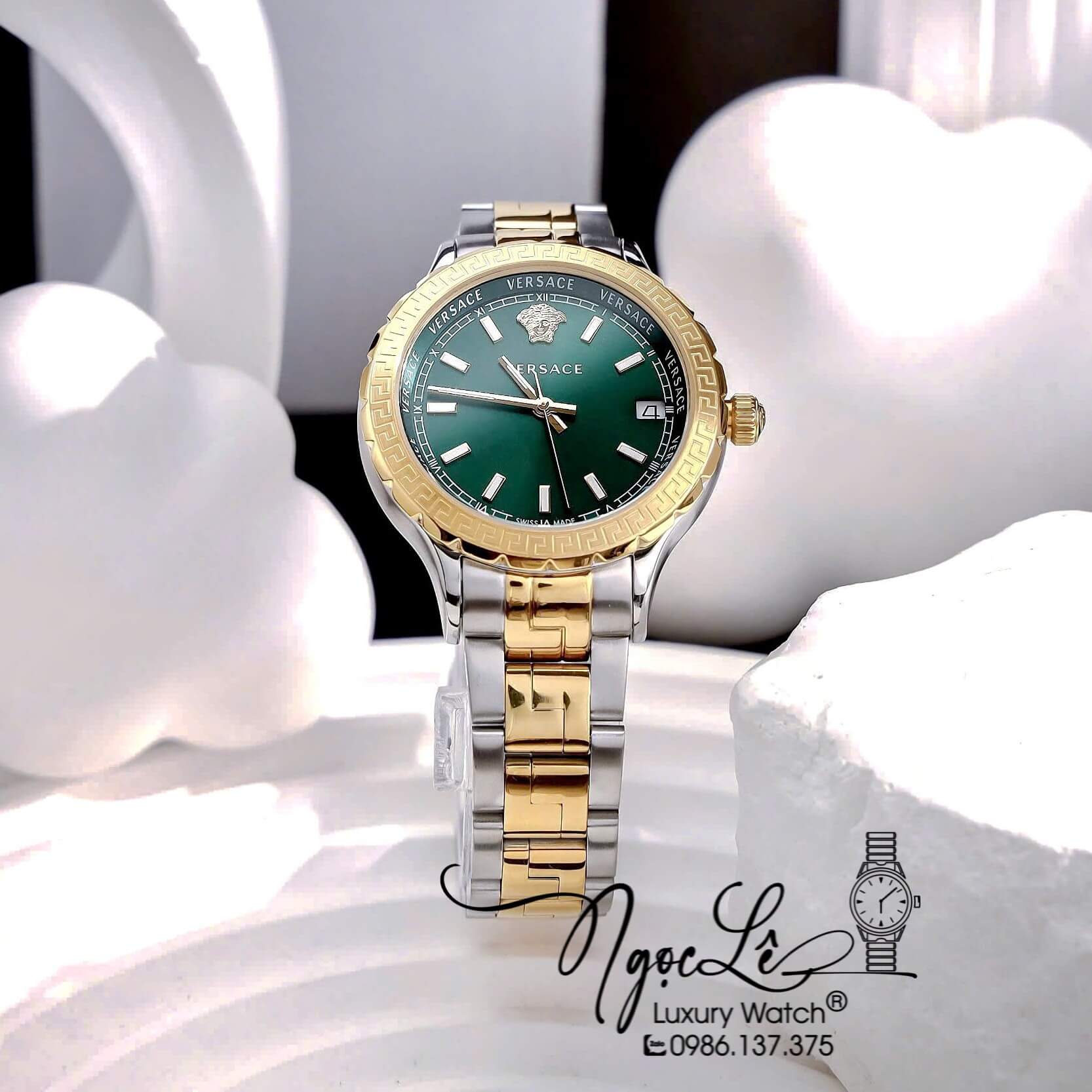 Đồng Hồ Nữ Versace Hellenyium Dây Kim Loại Demi Vàng Mặt Xanh Lá Size 35mm