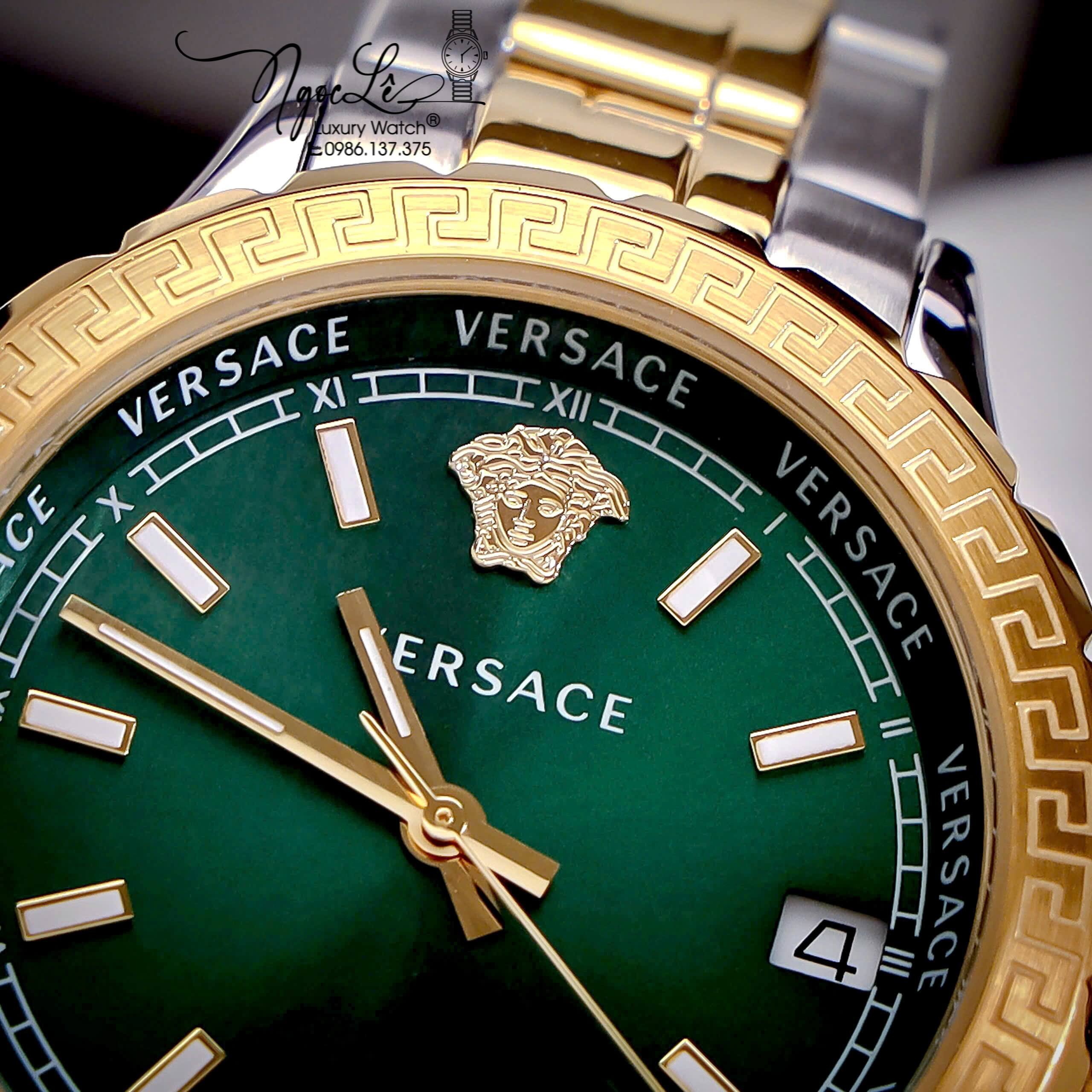 Đồng Hồ Nữ Versace Hellenyium Dây Kim Loại Demi Vàng Mặt Xanh Lá Size 35mm