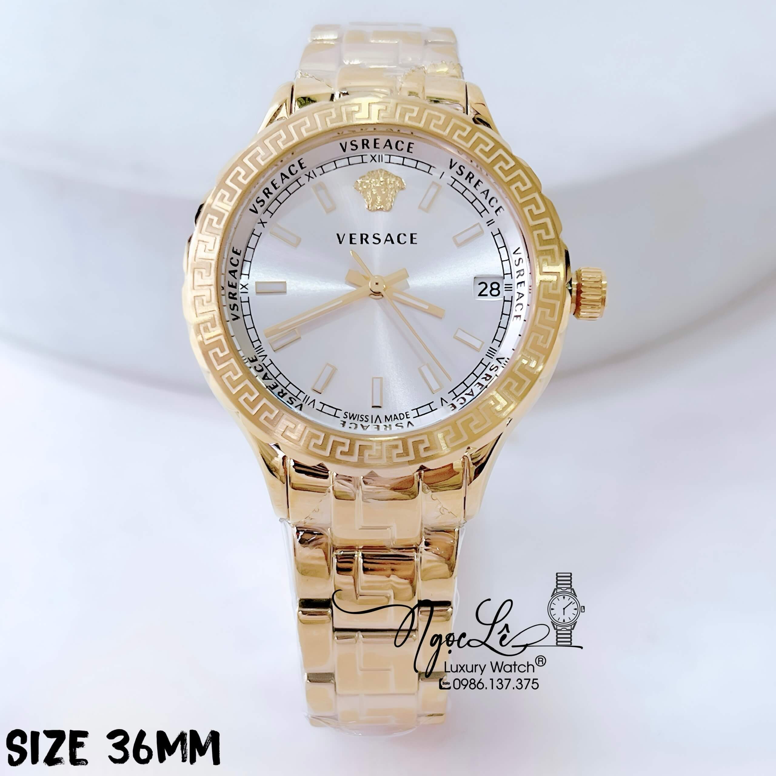 Đồng Hồ Nữ Versace Hellenyium Dây Kim Loại Vàng Mặt Trắng Size 35mm Máy Thụy Sỹ