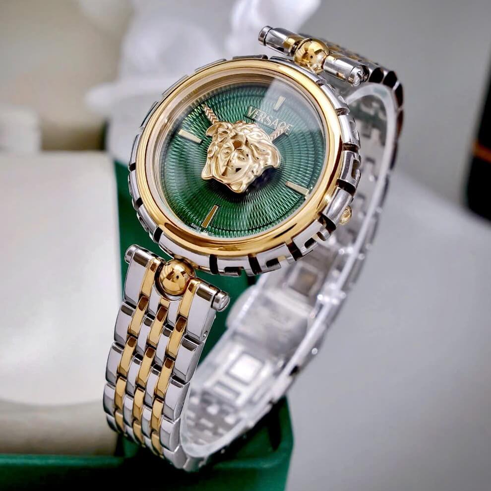 Đồng Hồ Nữ Versace Medusa Heritage Dây Demi Vàng Mặt Medusa Xanh Lá Size 38mm