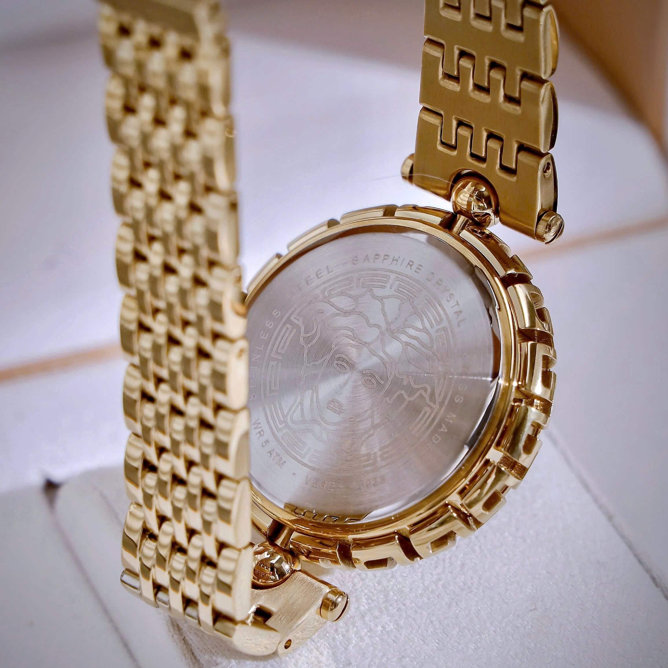 Đồng Hồ Nữ Versace Medusa Heritage Dây Kim Loại Vàng Mặt Medusa Đen Size 38mm