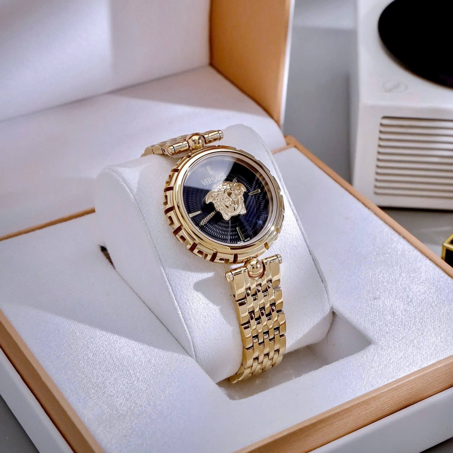 Đồng Hồ Nữ Versace Medusa Heritage Dây Kim Loại Vàng Mặt Medusa Đen Size 38mm
