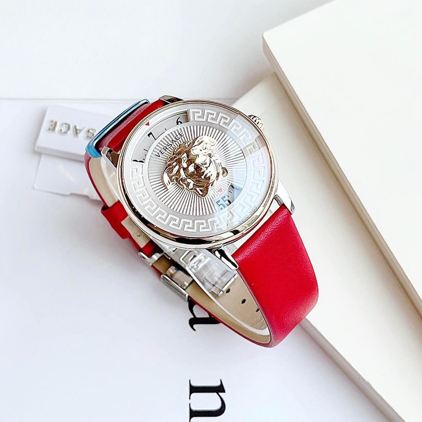 Đồng Hồ Nữ Versace Medusa Icon Dây Da Đỏ Mặt Trắng Size 38mm - Quartz