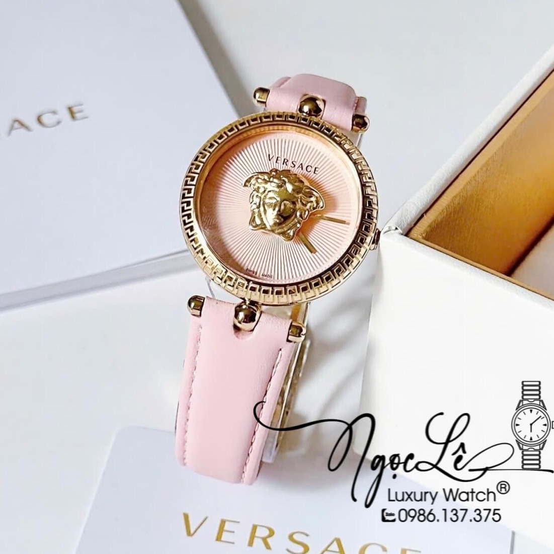 Đồng Hồ Nữ Versace Palazzo Empire Dây Da Hồng Vỏ Vàng Size 34mm Máy Thụy Sĩ