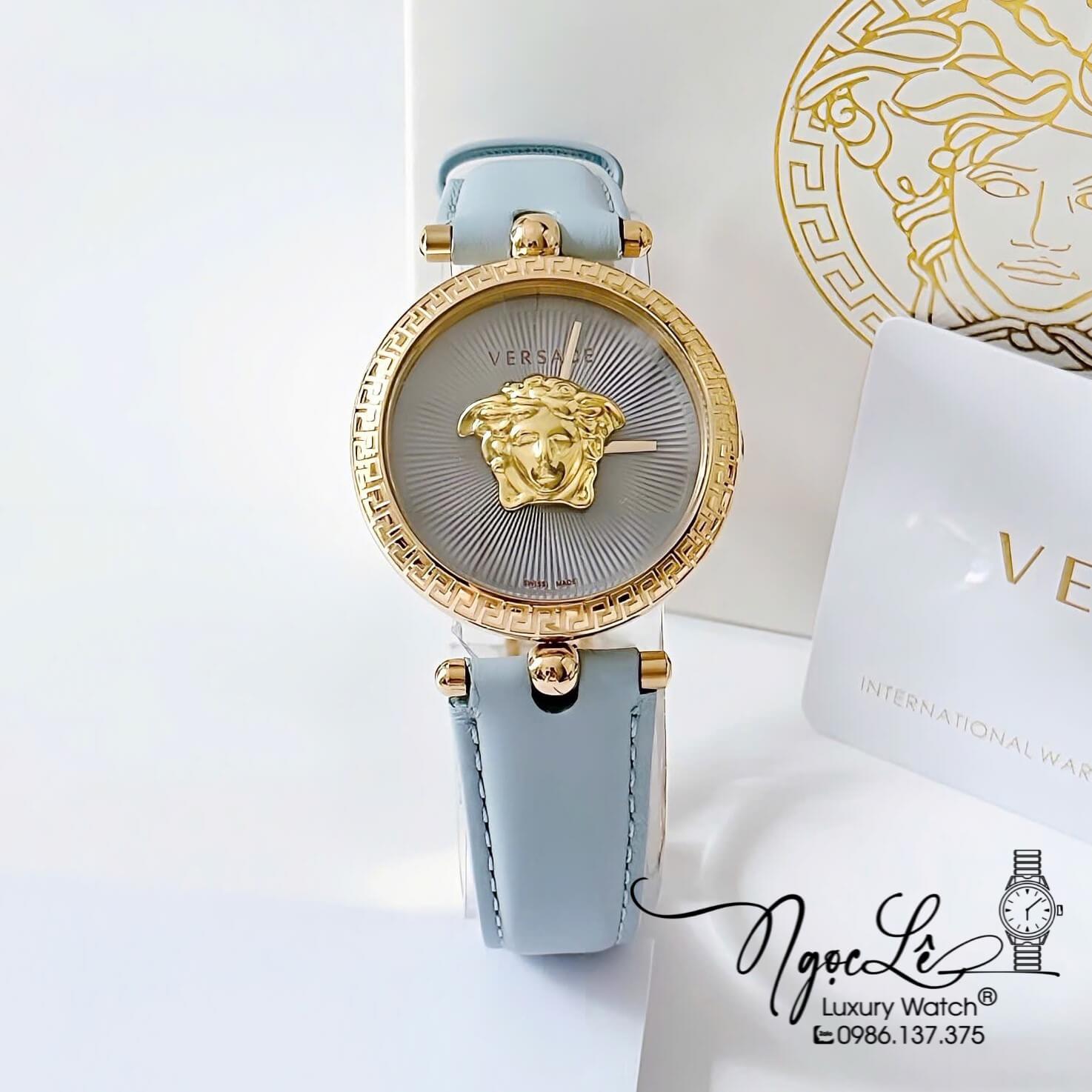 Đồng Hồ Nữ Versace Palazzo Empire Dây Da Xanh Da Trời Vỏ Vàng Size 34mm Máy Thụy Sĩ
