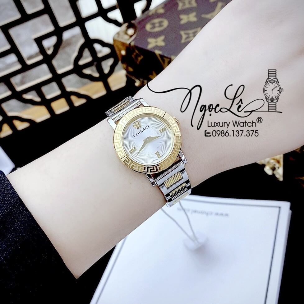 Đồng Hồ Nữ Versace Petit Dây Kim Loại Demi Vàng Mặt Trắng Size 28mm