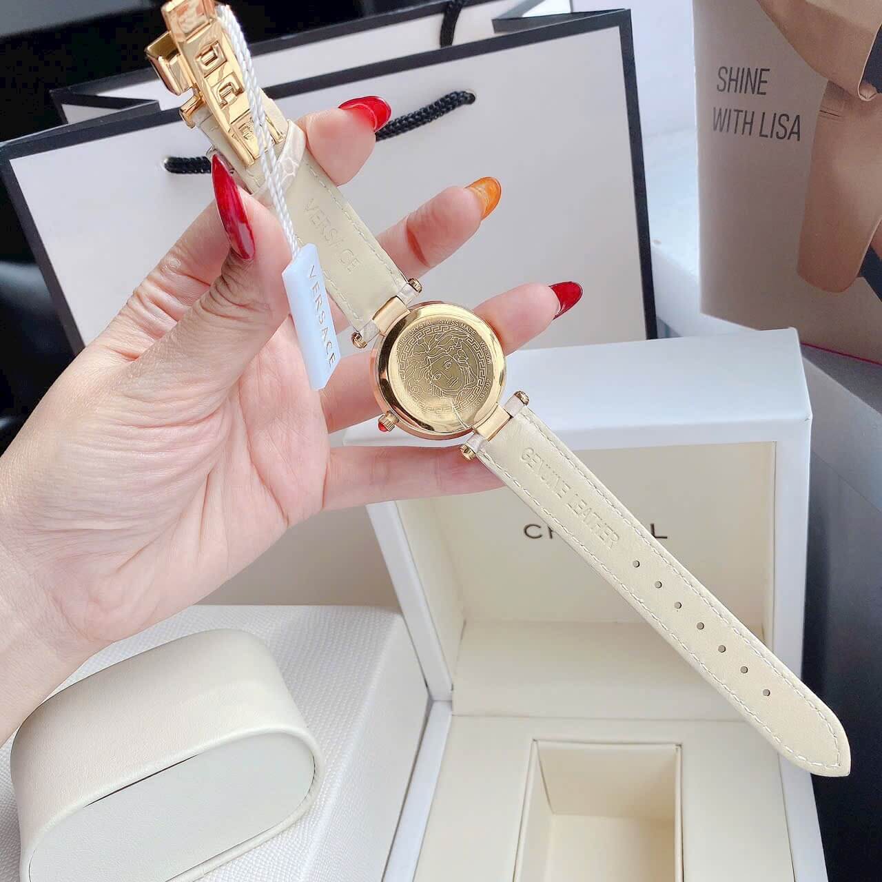 Đồng Hồ Nữ Versace Revive Dây Da Nude Mặt Xám Vàng Size 35mm Máy Thụy Sĩ