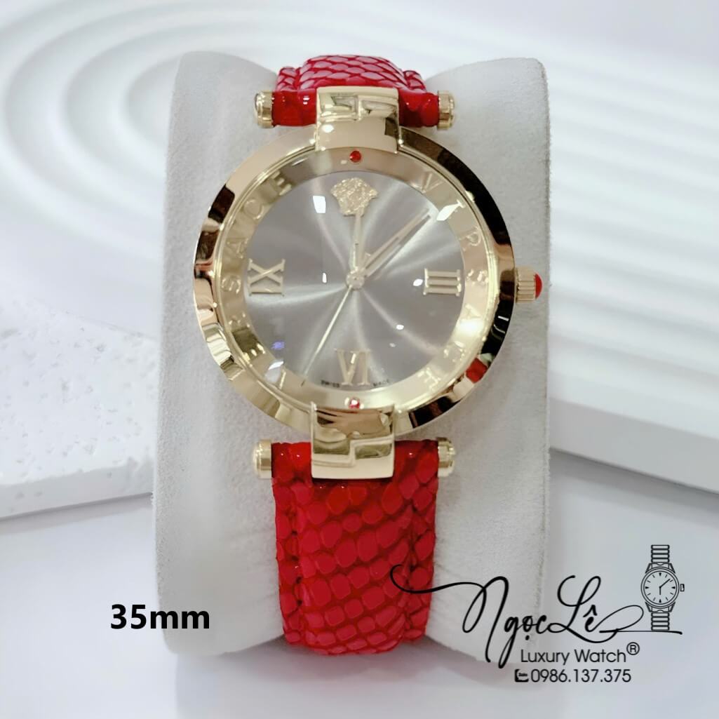 Đồng Hồ Nữ Versace Revive Dây Da Đỏ Mặt Xám Vàng Size 35mm Máy Thụy Sĩ